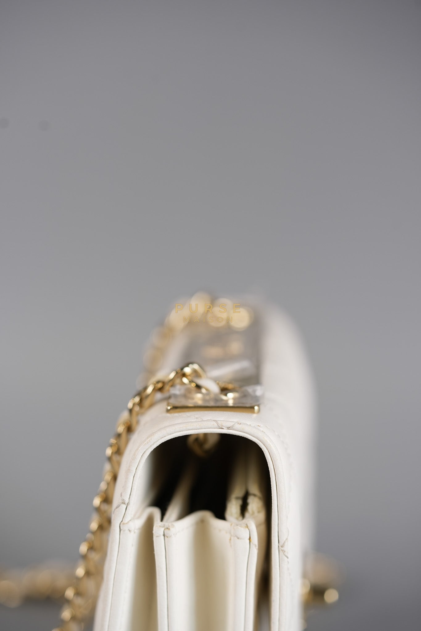 Mini Trendy CC Wallet on Chain in White Lambskin Leather and Light Gold Hardware (Microchip) | Purse Maison Luxury Bags Shop