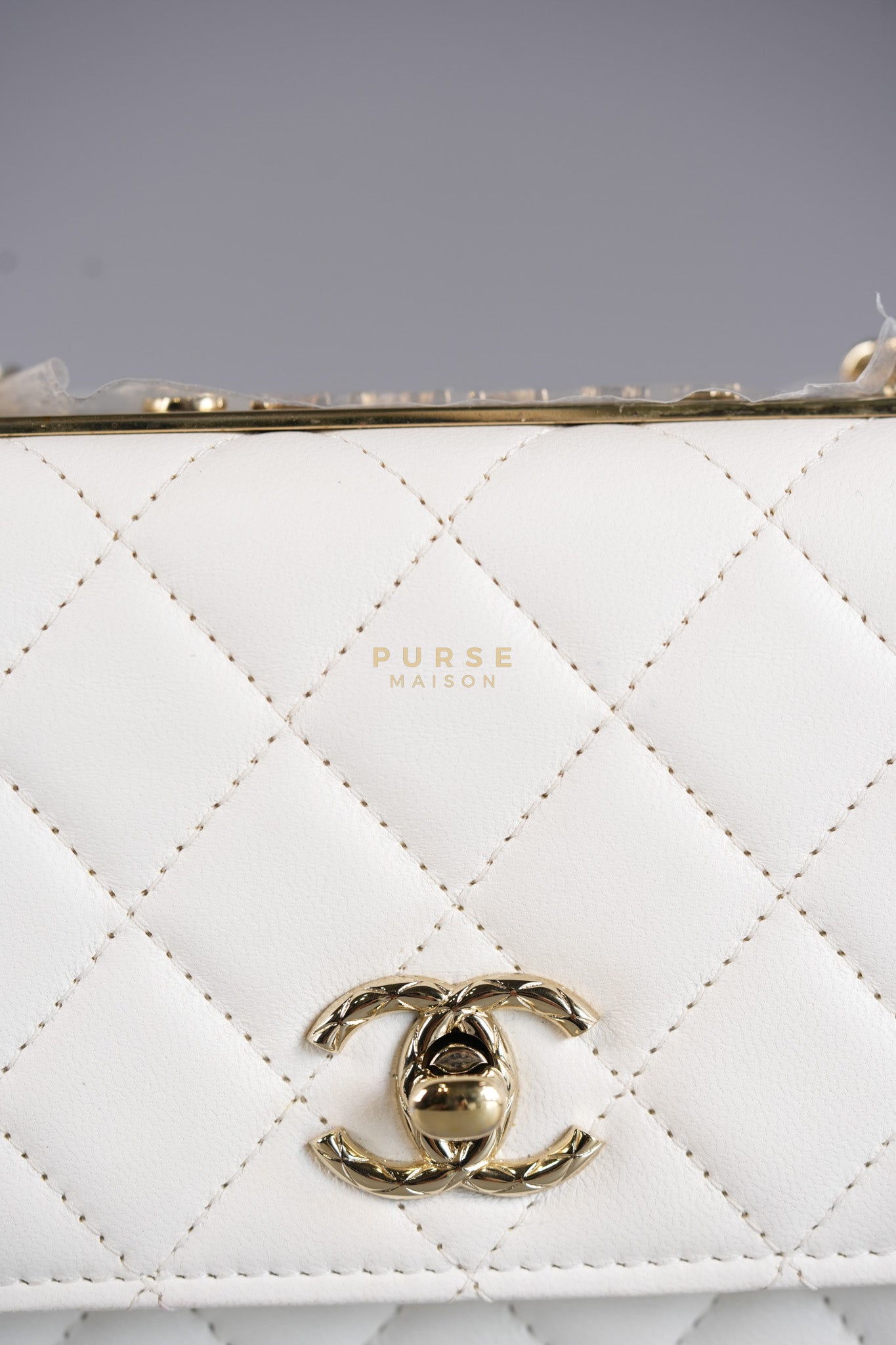 Mini Trendy CC Wallet on Chain in White Lambskin Leather and Light Gold Hardware (Microchip) | Purse Maison Luxury Bags Shop