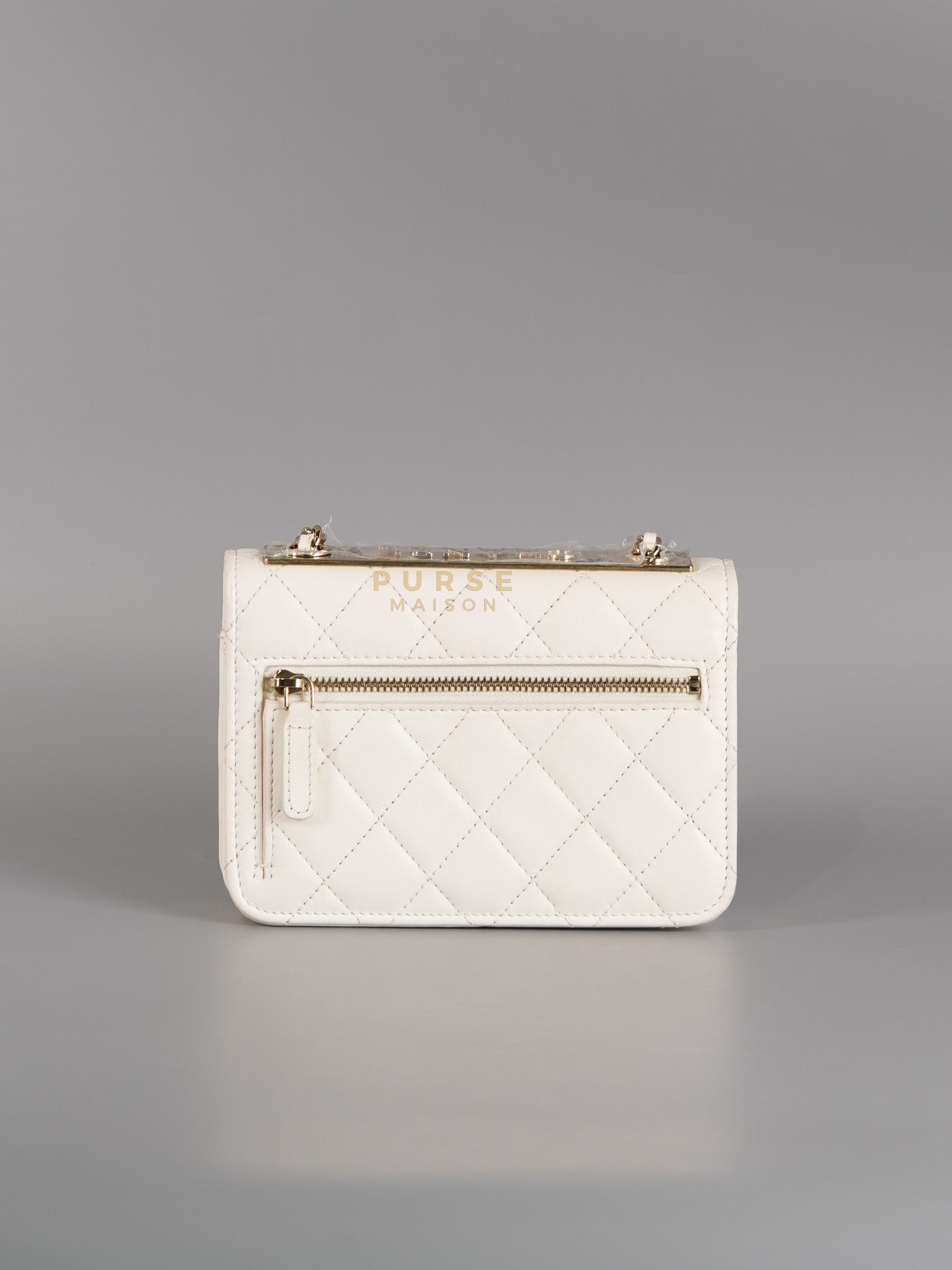 Mini Trendy CC Wallet on Chain in White Lambskin Leather and Light Gold Hardware (Microchip) | Purse Maison Luxury Bags Shop