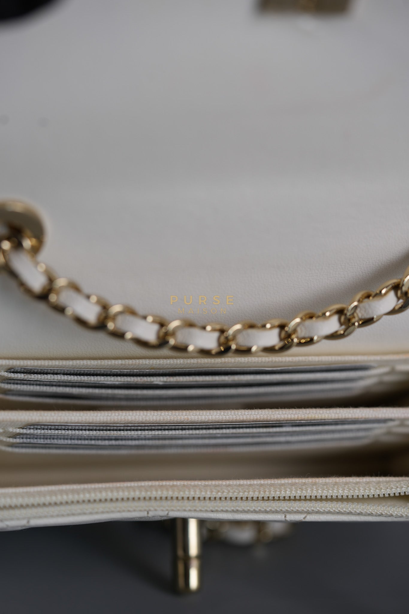 Mini Trendy CC Wallet on Chain in White Lambskin Leather and Light Gold Hardware (Microchip) | Purse Maison Luxury Bags Shop