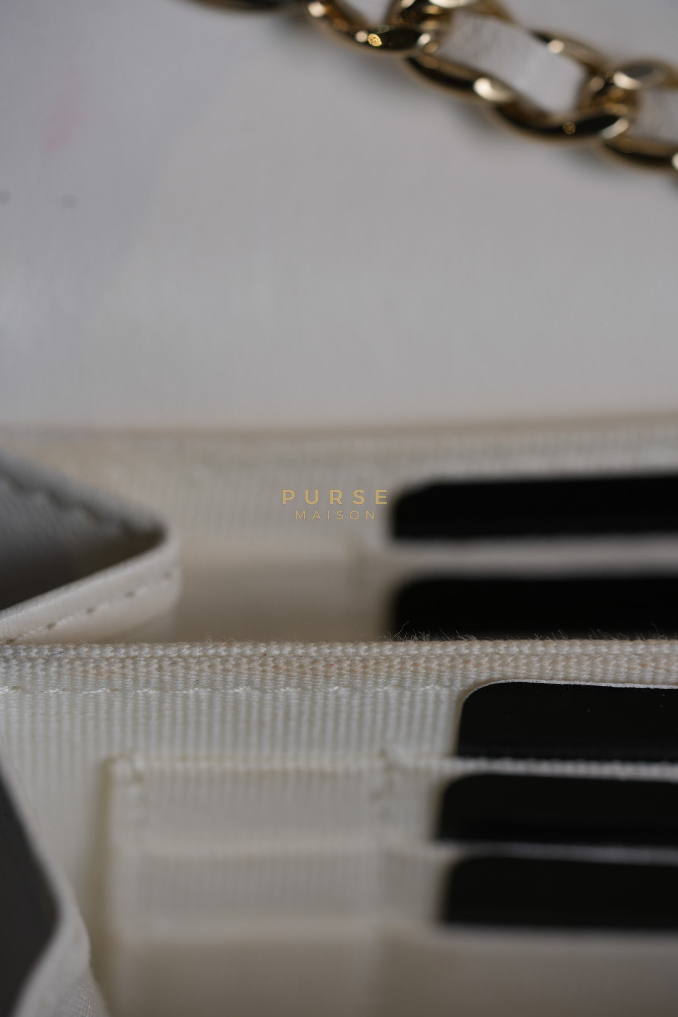 Mini Trendy CC Wallet on Chain in White Lambskin Leather and Light Gold Hardware (Microchip) | Purse Maison Luxury Bags Shop