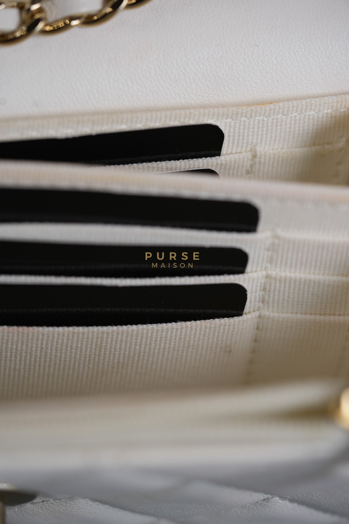 Mini Trendy CC Wallet on Chain in White Lambskin Leather and Light Gold Hardware (Microchip) | Purse Maison Luxury Bags Shop