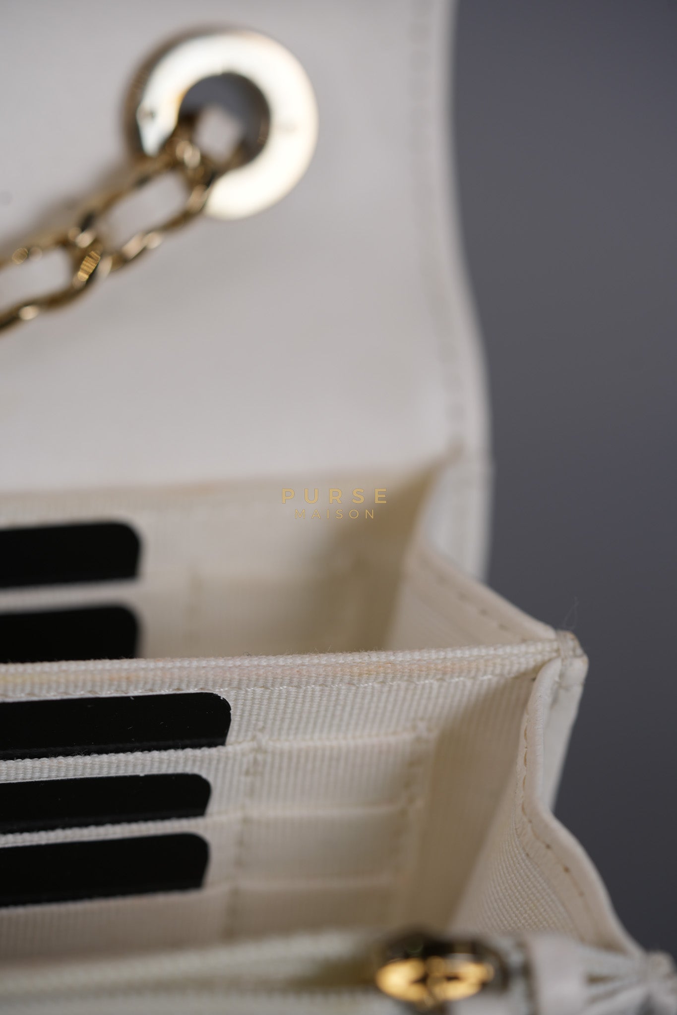 Mini Trendy CC Wallet on Chain in White Lambskin Leather and Light Gold Hardware (Microchip) | Purse Maison Luxury Bags Shop