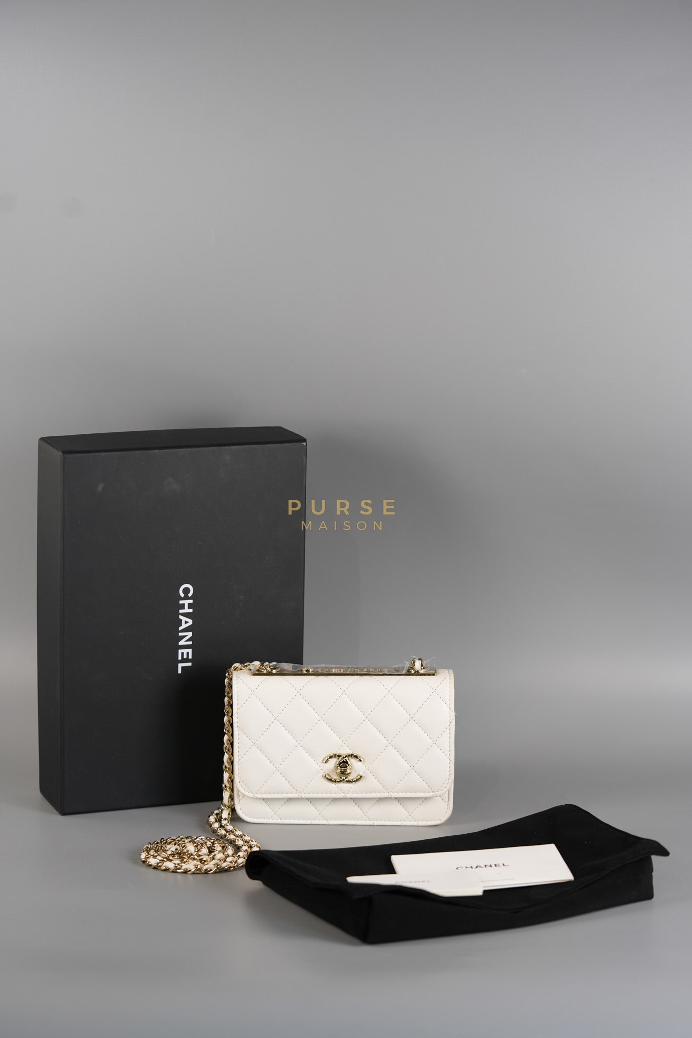 Mini Trendy CC Wallet on Chain in White Lambskin Leather and Light Gold Hardware (Microchip) | Purse Maison Luxury Bags Shop