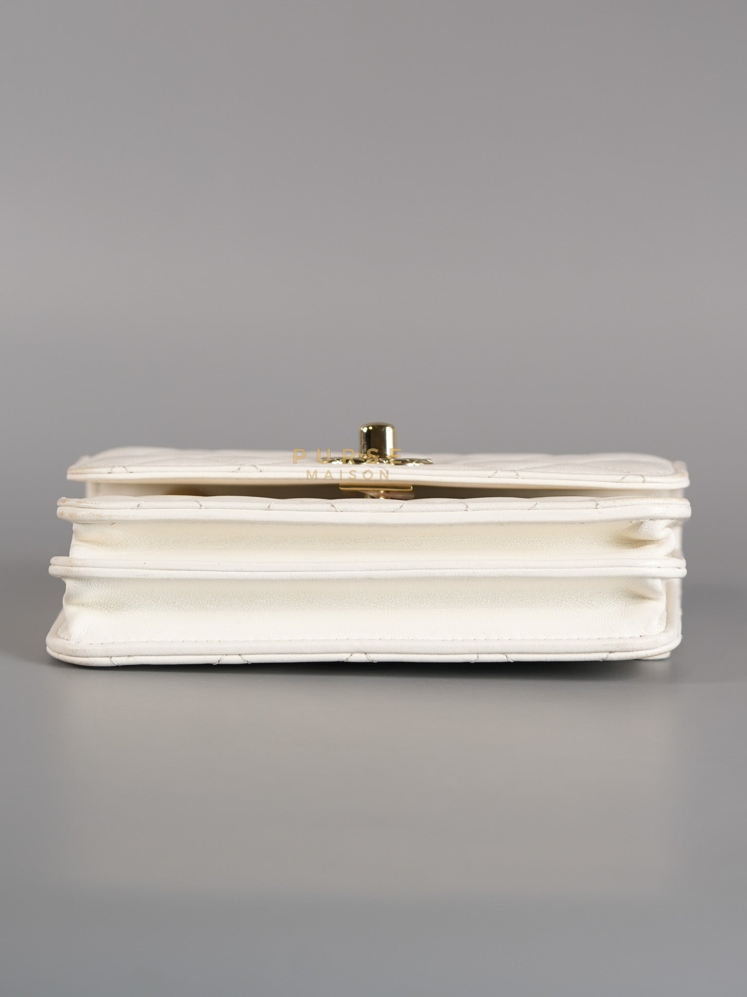 Mini Trendy CC Wallet on Chain in White Lambskin Leather and Light Gold Hardware (Microchip) | Purse Maison Luxury Bags Shop