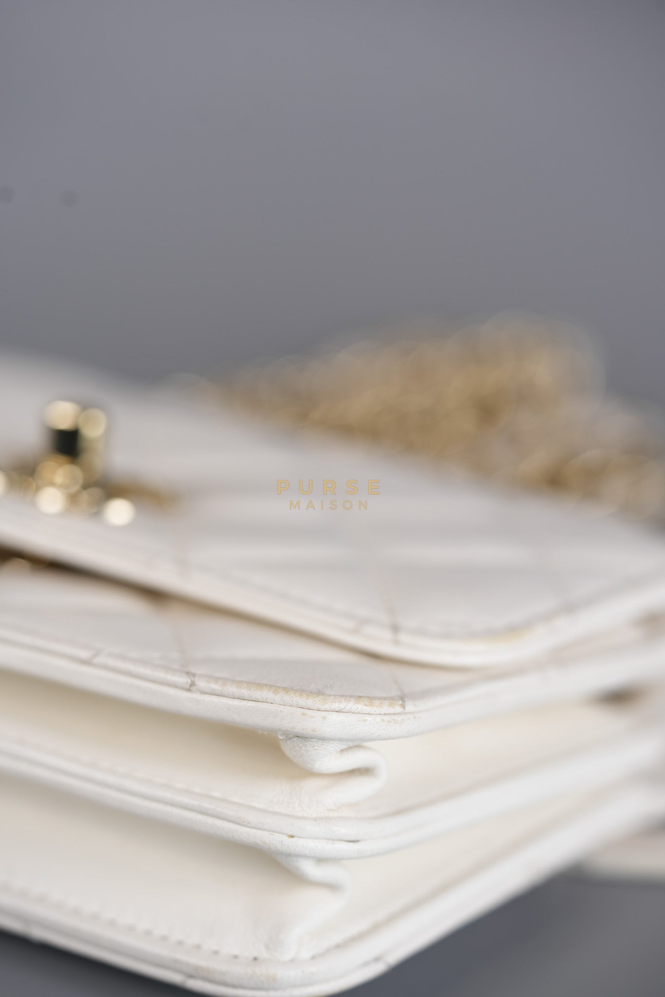 Mini Trendy CC Wallet on Chain in White Lambskin Leather and Light Gold Hardware (Microchip) | Purse Maison Luxury Bags Shop