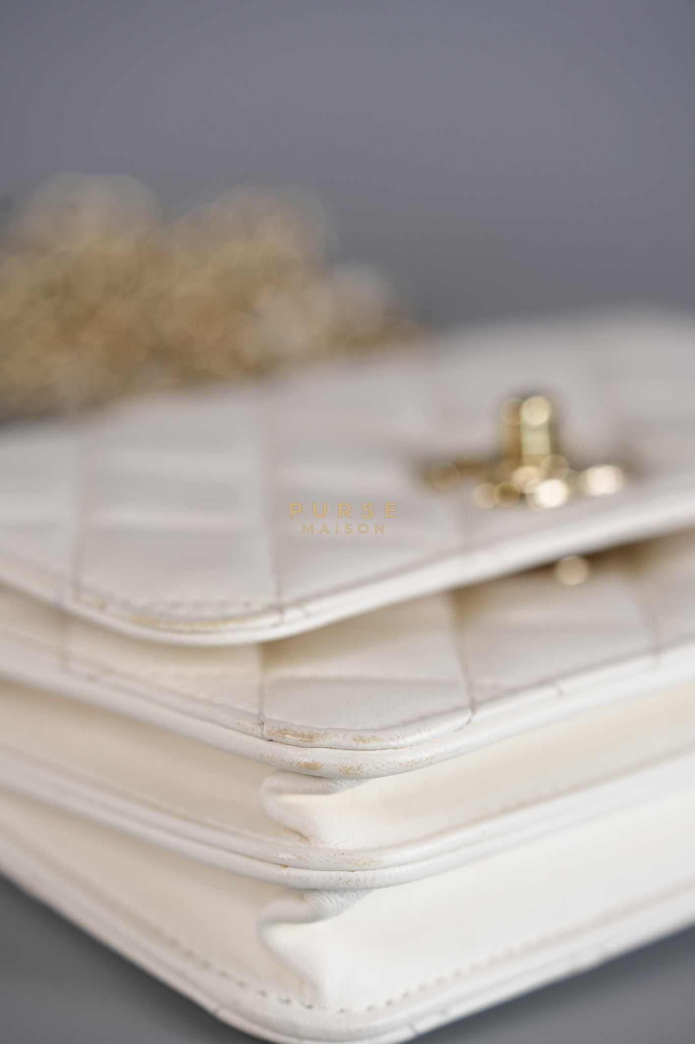 Mini Trendy CC Wallet on Chain in White Lambskin Leather and Light Gold Hardware (Microchip) | Purse Maison Luxury Bags Shop