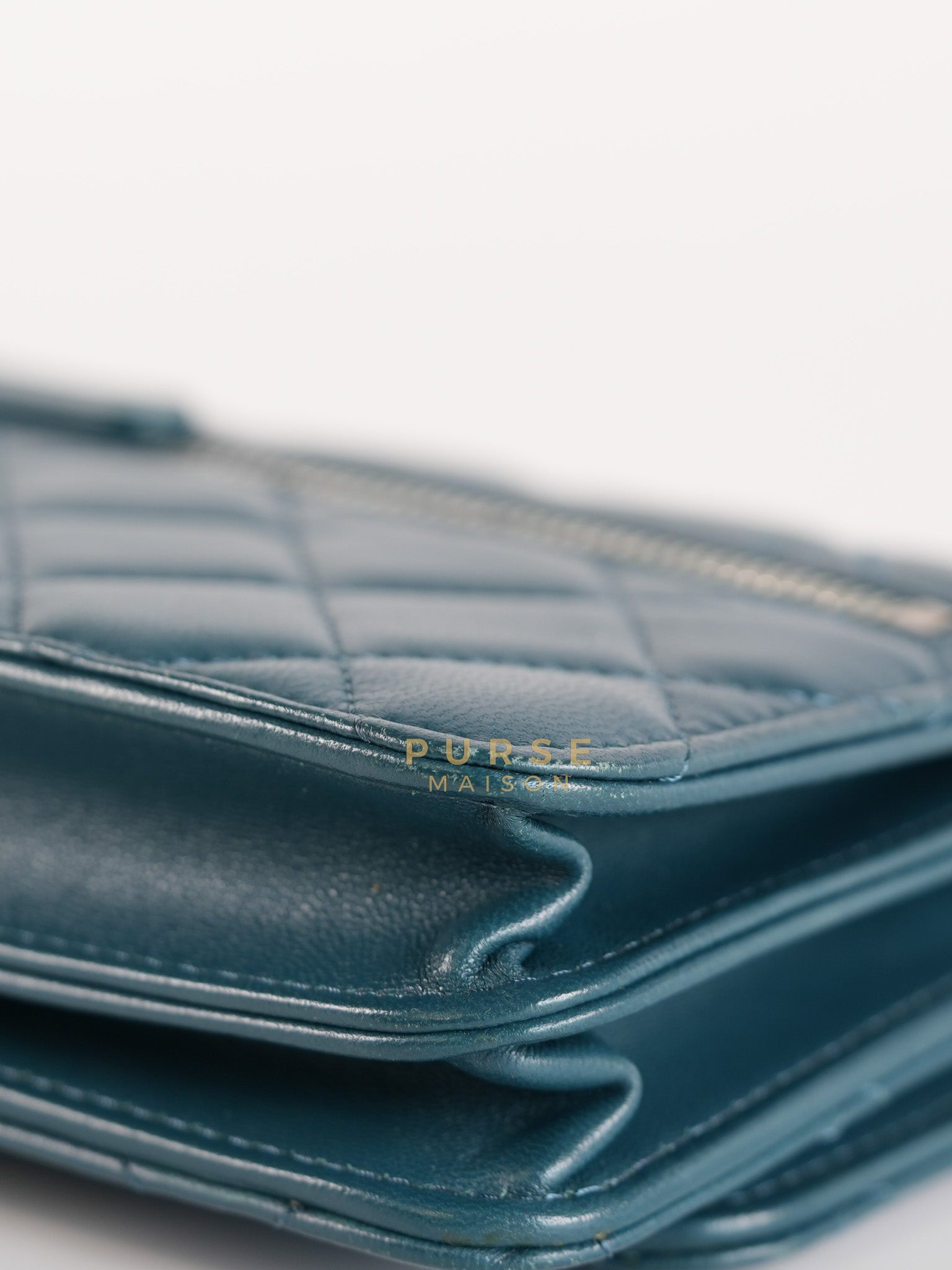 Mini Wallet on Chain in Teal Blue Quilted Lambskin Leather & Silver Hardware Series 30 | Purse Maison Luxury Bags Shop