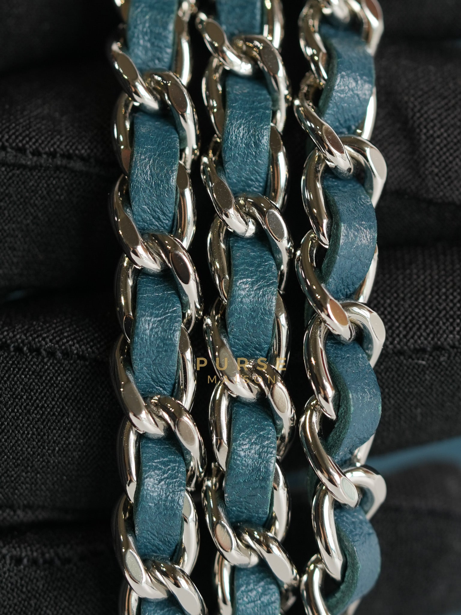 Mini Wallet on Chain in Teal Blue Quilted Lambskin Leather & Silver Hardware Series 30 | Purse Maison Luxury Bags Shop
