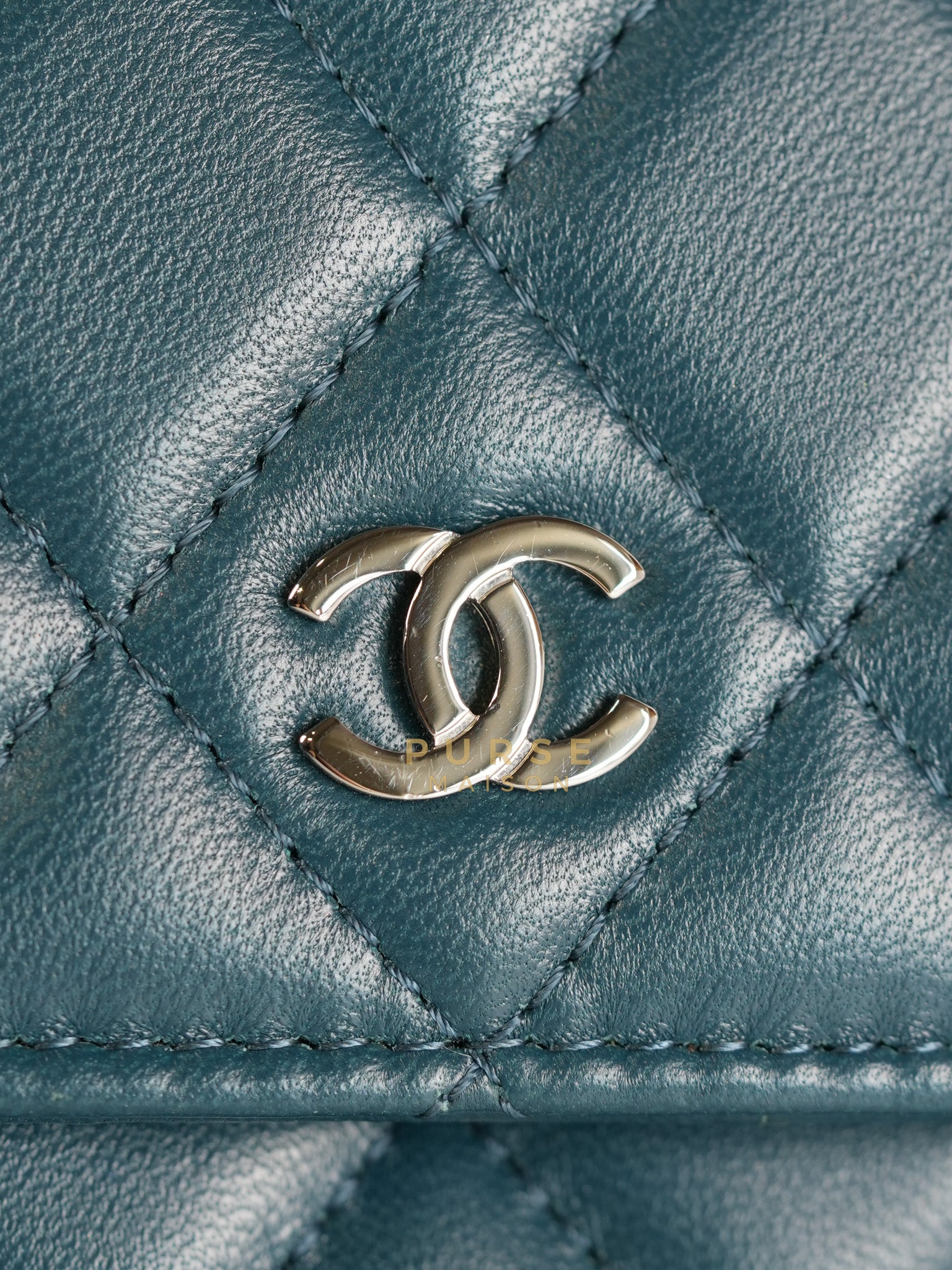 Mini Wallet on Chain in Teal Blue Quilted Lambskin Leather & Silver Hardware Series 30 | Purse Maison Luxury Bags Shop