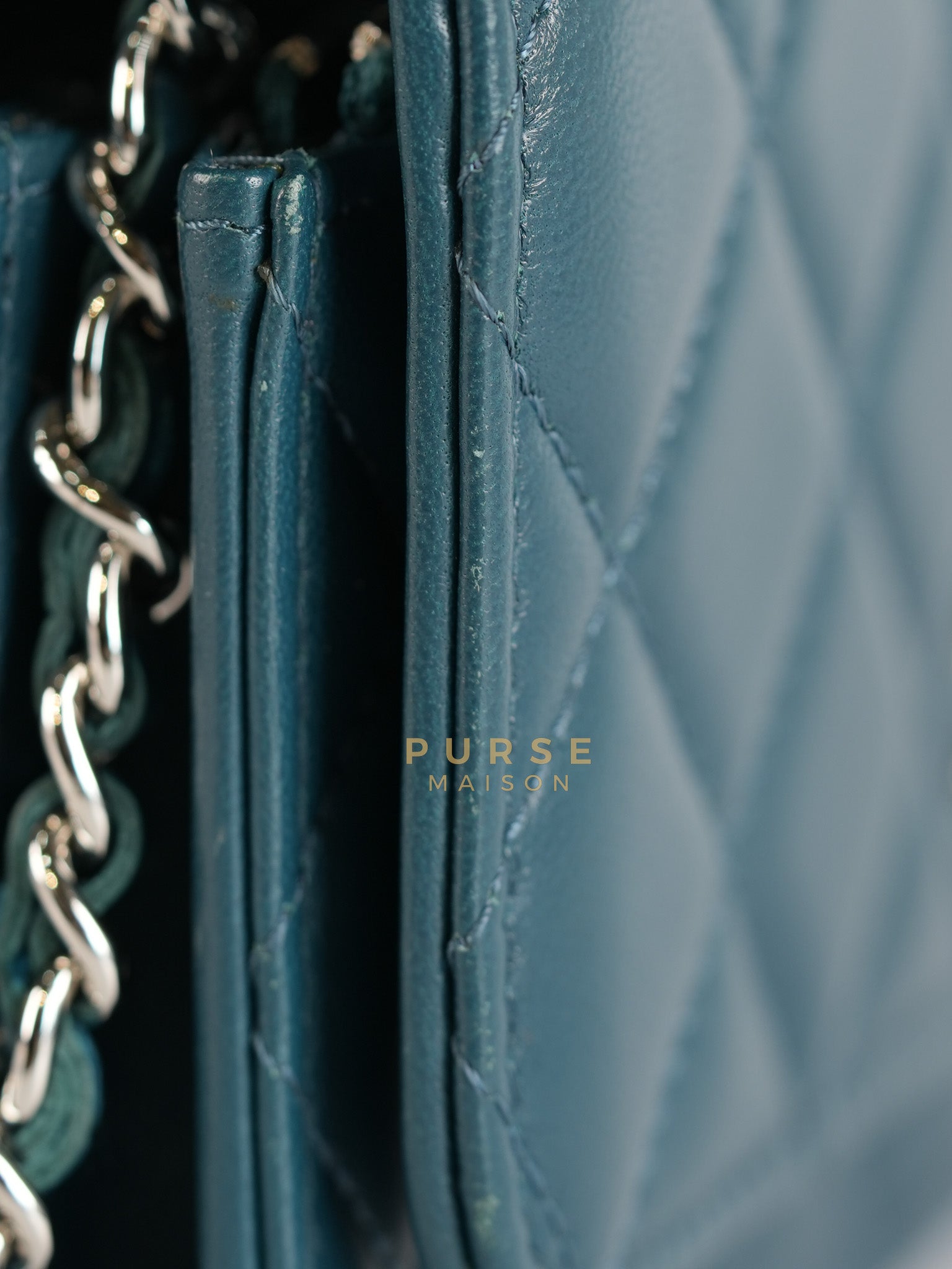 Mini Wallet on Chain in Teal Blue Quilted Lambskin Leather & Silver Hardware Series 30 | Purse Maison Luxury Bags Shop