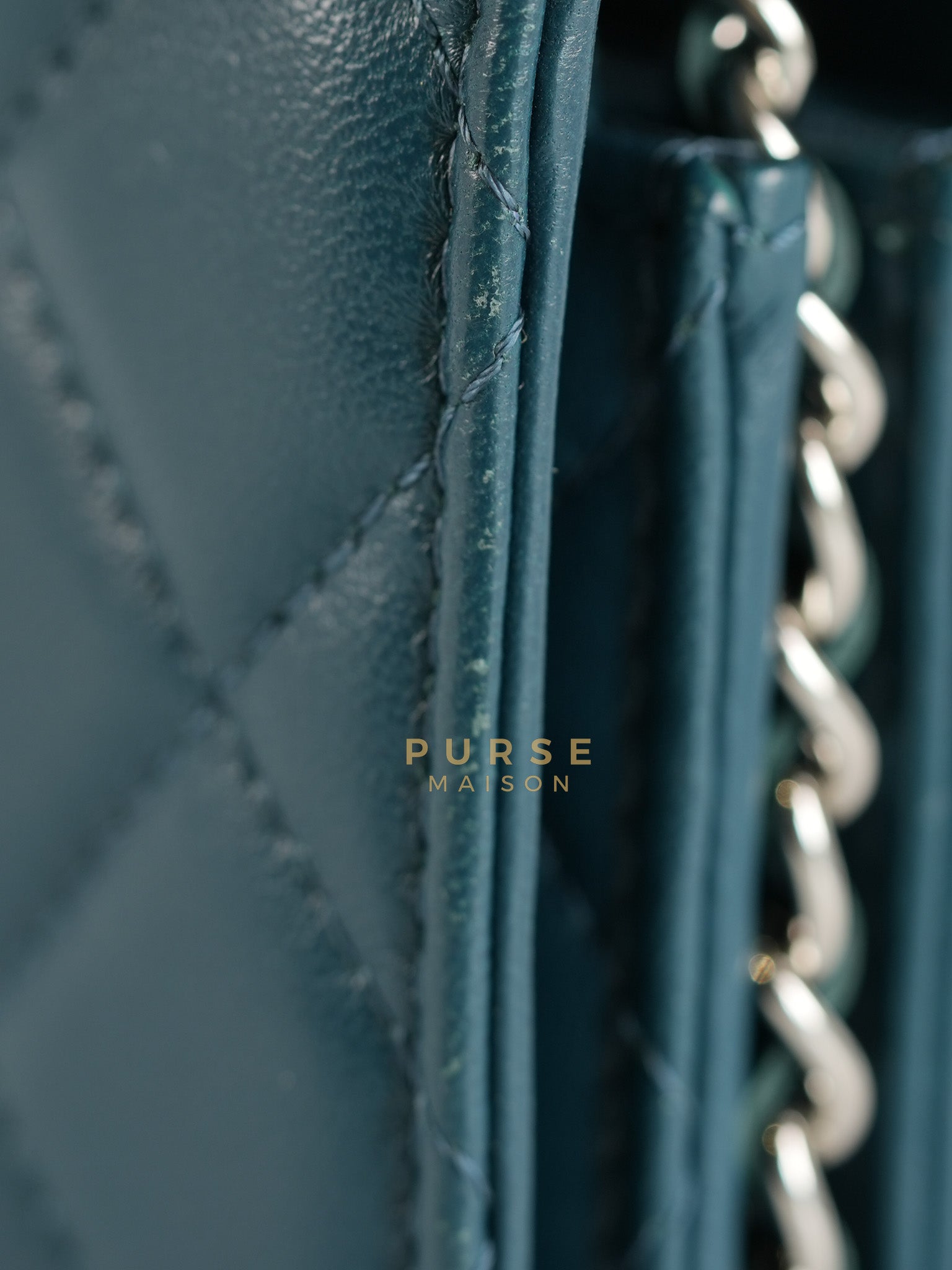 Mini Wallet on Chain in Teal Blue Quilted Lambskin Leather & Silver Hardware Series 30 | Purse Maison Luxury Bags Shop