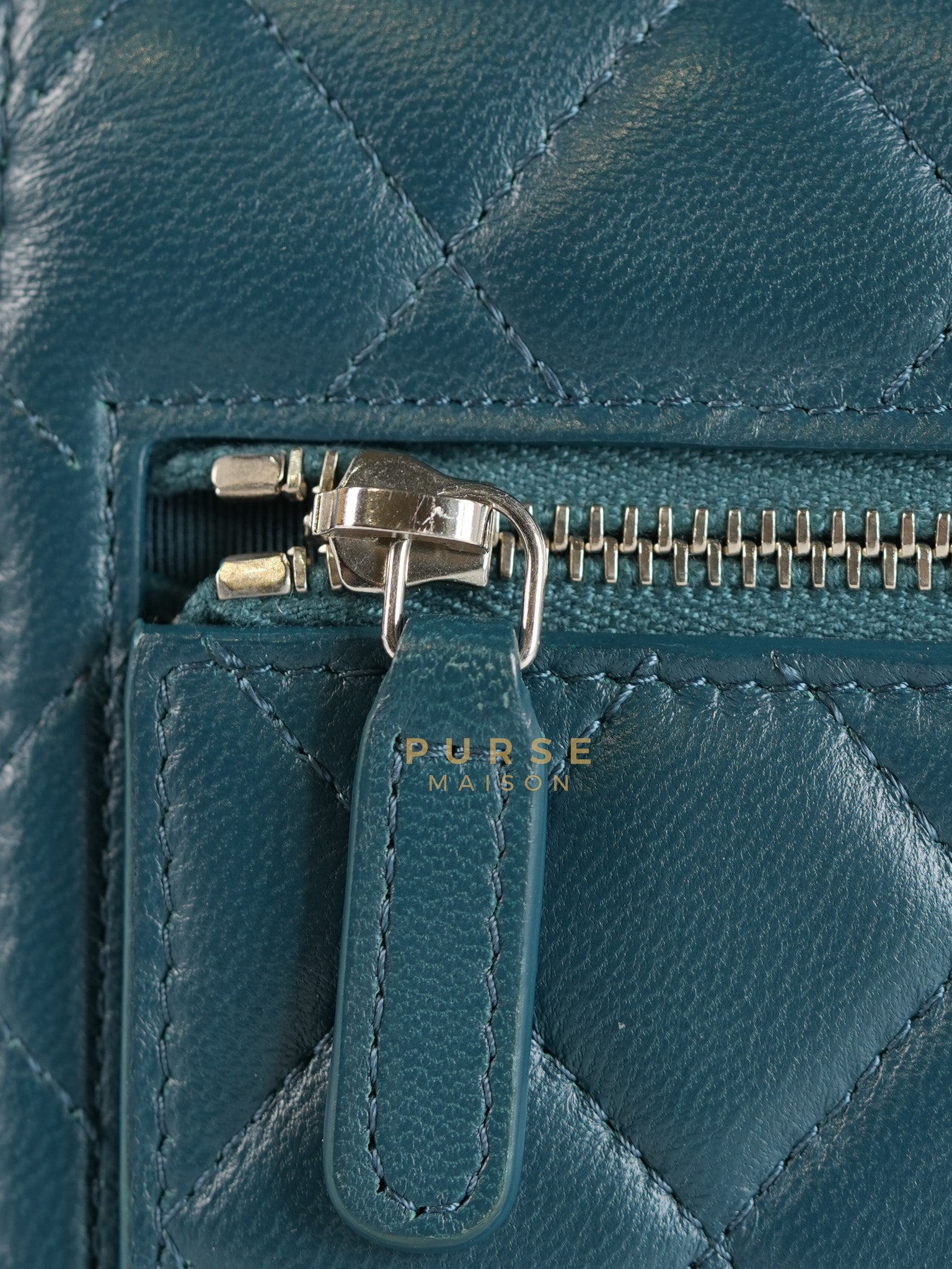 Mini Wallet on Chain in Teal Blue Quilted Lambskin Leather & Silver Hardware Series 30 | Purse Maison Luxury Bags Shop