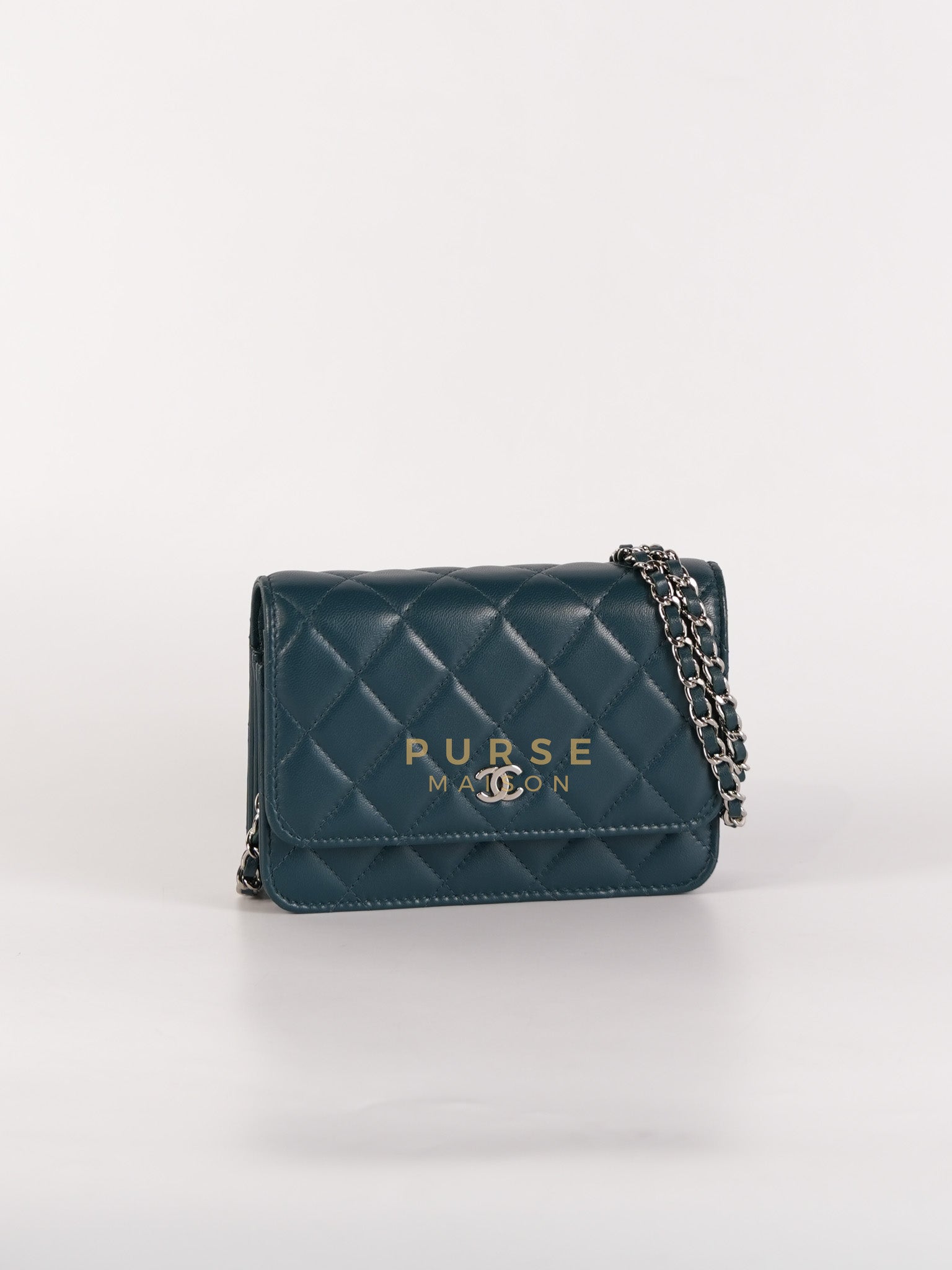 Mini Wallet on Chain in Teal Blue Quilted Lambskin Leather & Silver Hardware Series 30 | Purse Maison Luxury Bags Shop