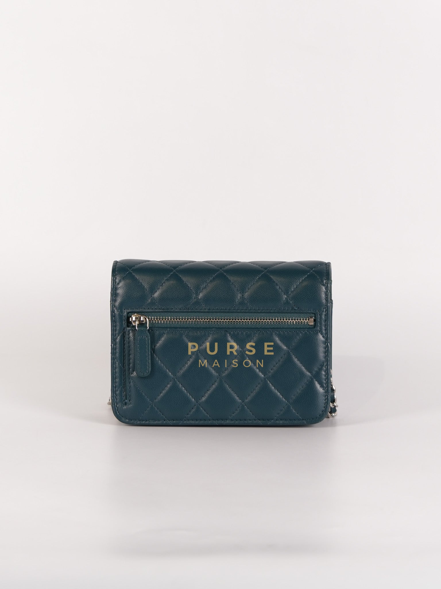 Mini Wallet on Chain in Teal Blue Quilted Lambskin Leather & Silver Hardware Series 30 | Purse Maison Luxury Bags Shop