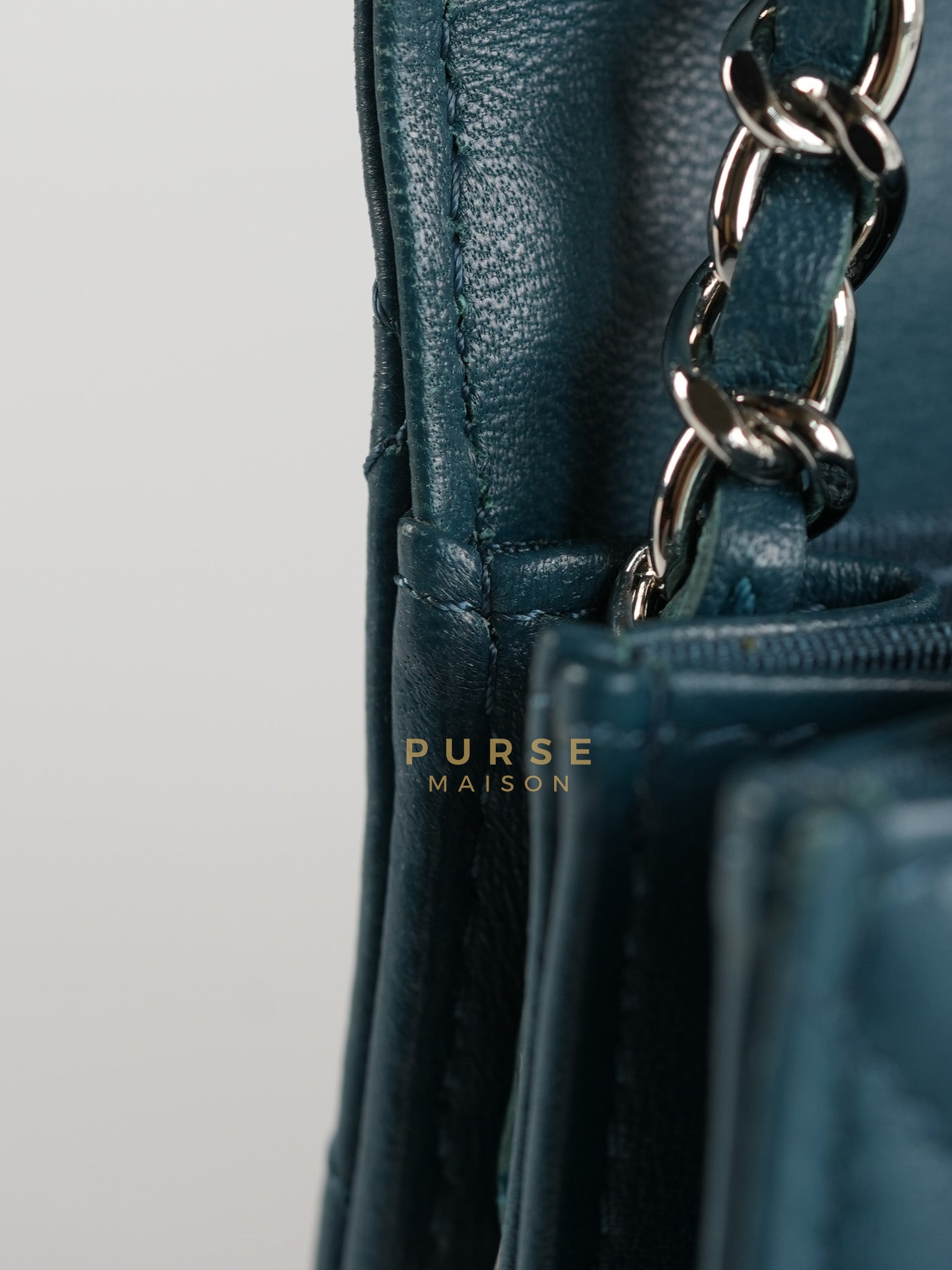 Mini Wallet on Chain in Teal Blue Quilted Lambskin Leather & Silver Hardware Series 30 | Purse Maison Luxury Bags Shop