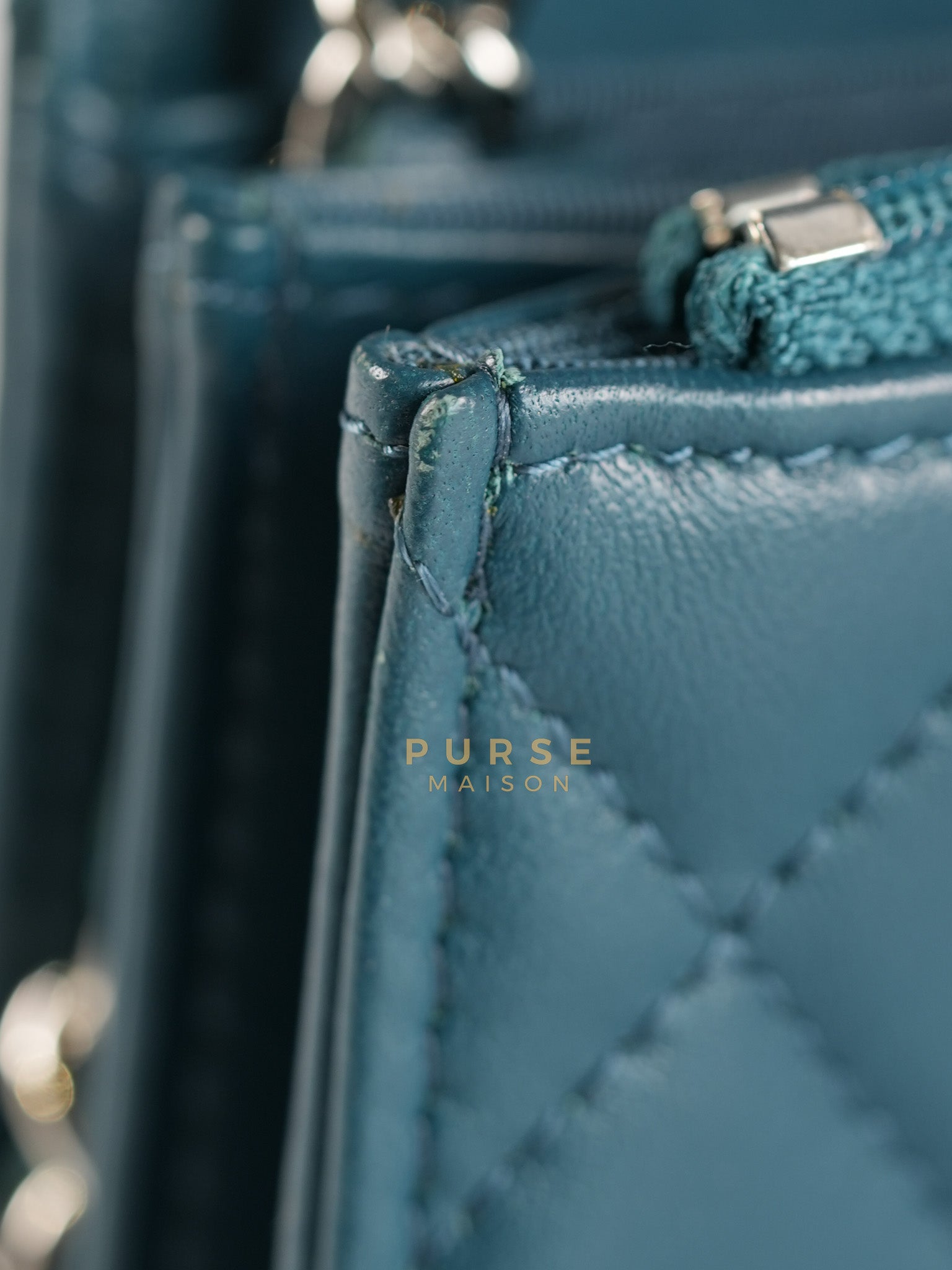 Mini Wallet on Chain in Teal Blue Quilted Lambskin Leather & Silver Hardware Series 30 | Purse Maison Luxury Bags Shop