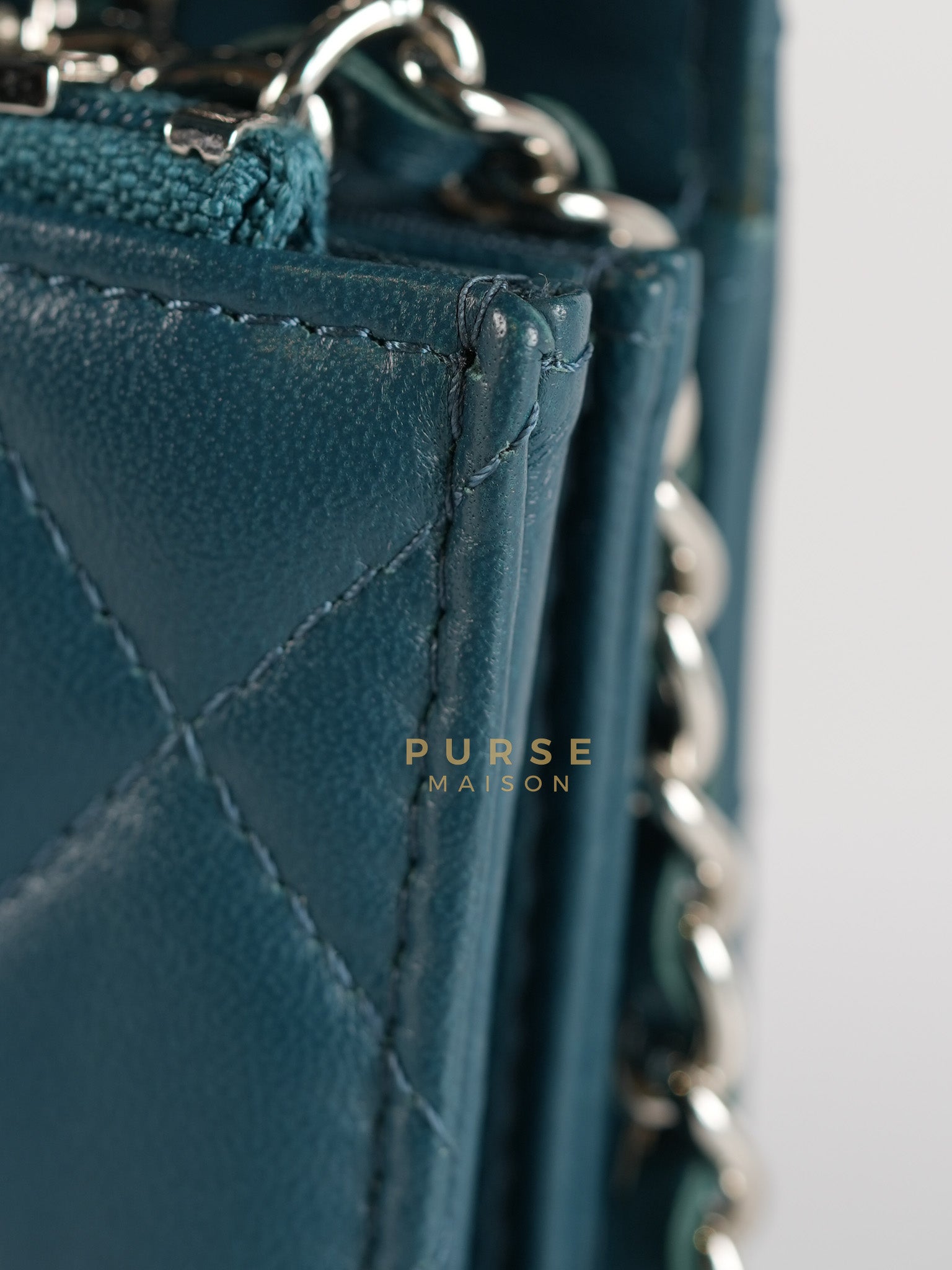 Mini Wallet on Chain in Teal Blue Quilted Lambskin Leather & Silver Hardware Series 30 | Purse Maison Luxury Bags Shop