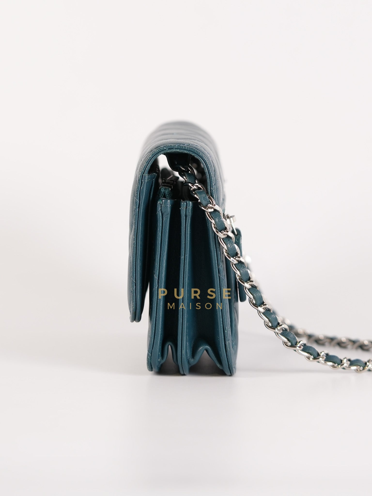 Mini Wallet on Chain in Teal Blue Quilted Lambskin Leather & Silver Hardware Series 30 | Purse Maison Luxury Bags Shop