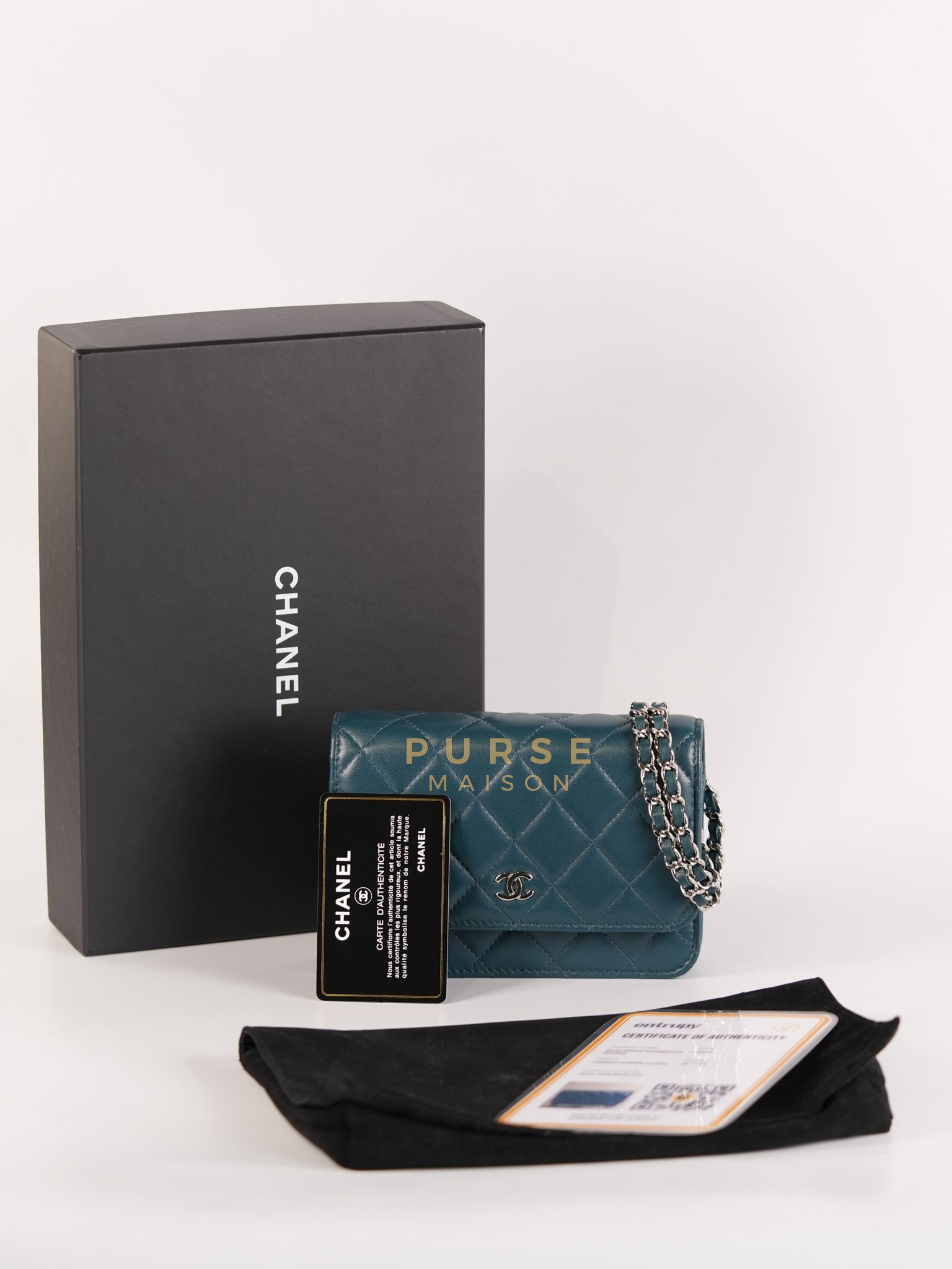 Mini Wallet on Chain in Teal Blue Quilted Lambskin Leather & Silver Hardware Series 30 | Purse Maison Luxury Bags Shop