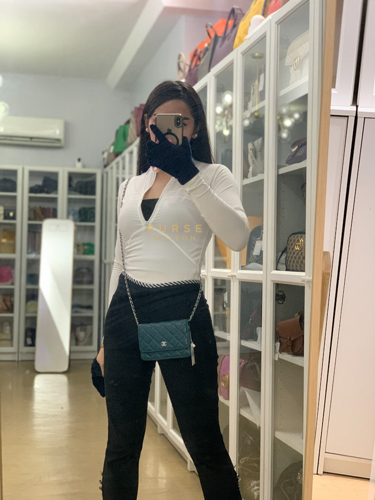 Mini Wallet on Chain in Teal Blue Quilted Lambskin Leather & Silver Hardware Series 30 | Purse Maison Luxury Bags Shop