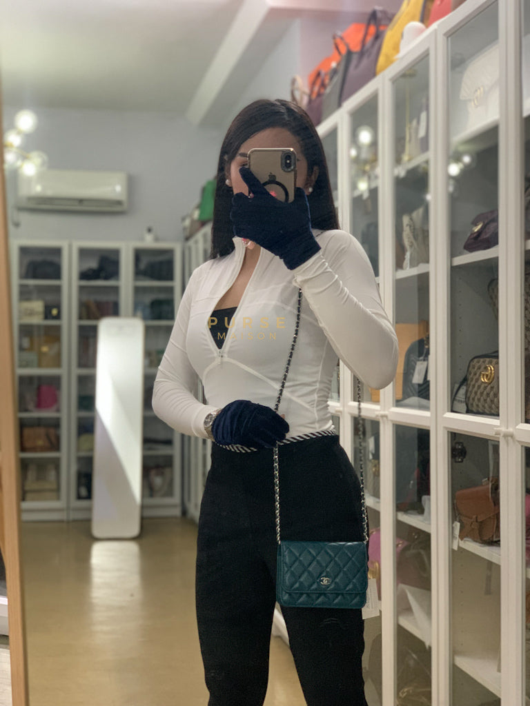 Mini Wallet on Chain in Teal Blue Quilted Lambskin Leather & Silver Hardware Series 30 | Purse Maison Luxury Bags Shop