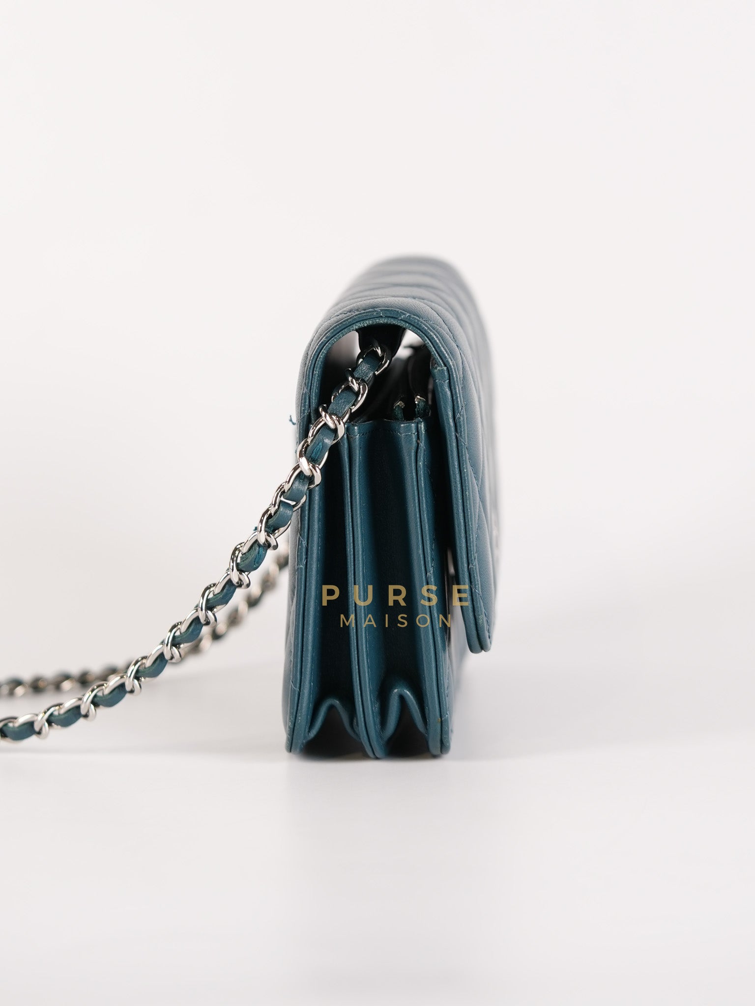 Mini Wallet on Chain in Teal Blue Quilted Lambskin Leather & Silver Hardware Series 30 | Purse Maison Luxury Bags Shop