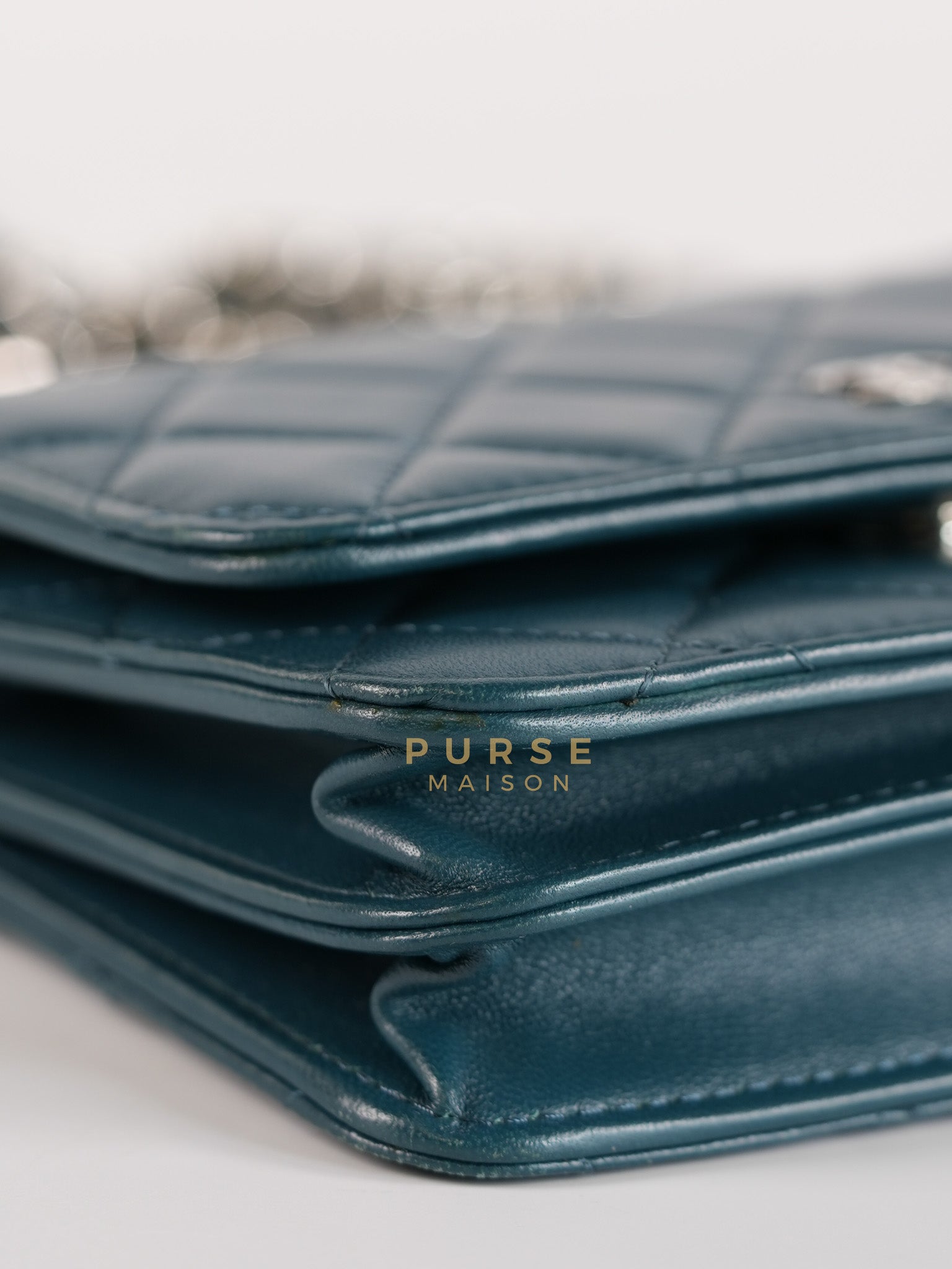 Mini Wallet on Chain in Teal Blue Quilted Lambskin Leather & Silver Hardware Series 30 | Purse Maison Luxury Bags Shop