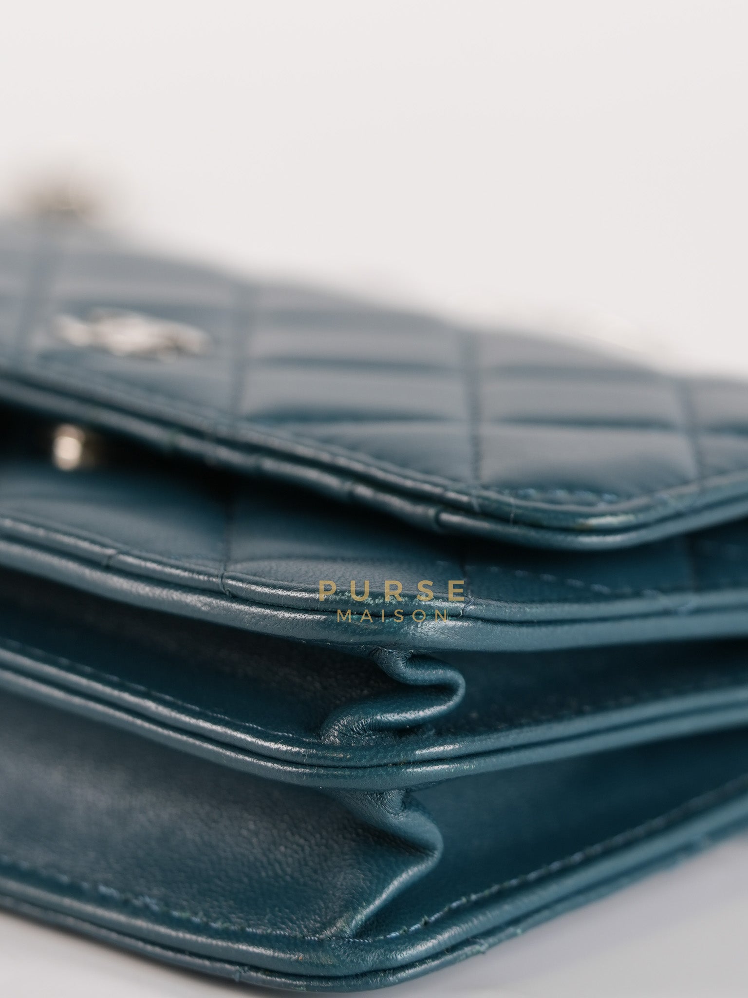 Mini Wallet on Chain in Teal Blue Quilted Lambskin Leather & Silver Hardware Series 30 | Purse Maison Luxury Bags Shop