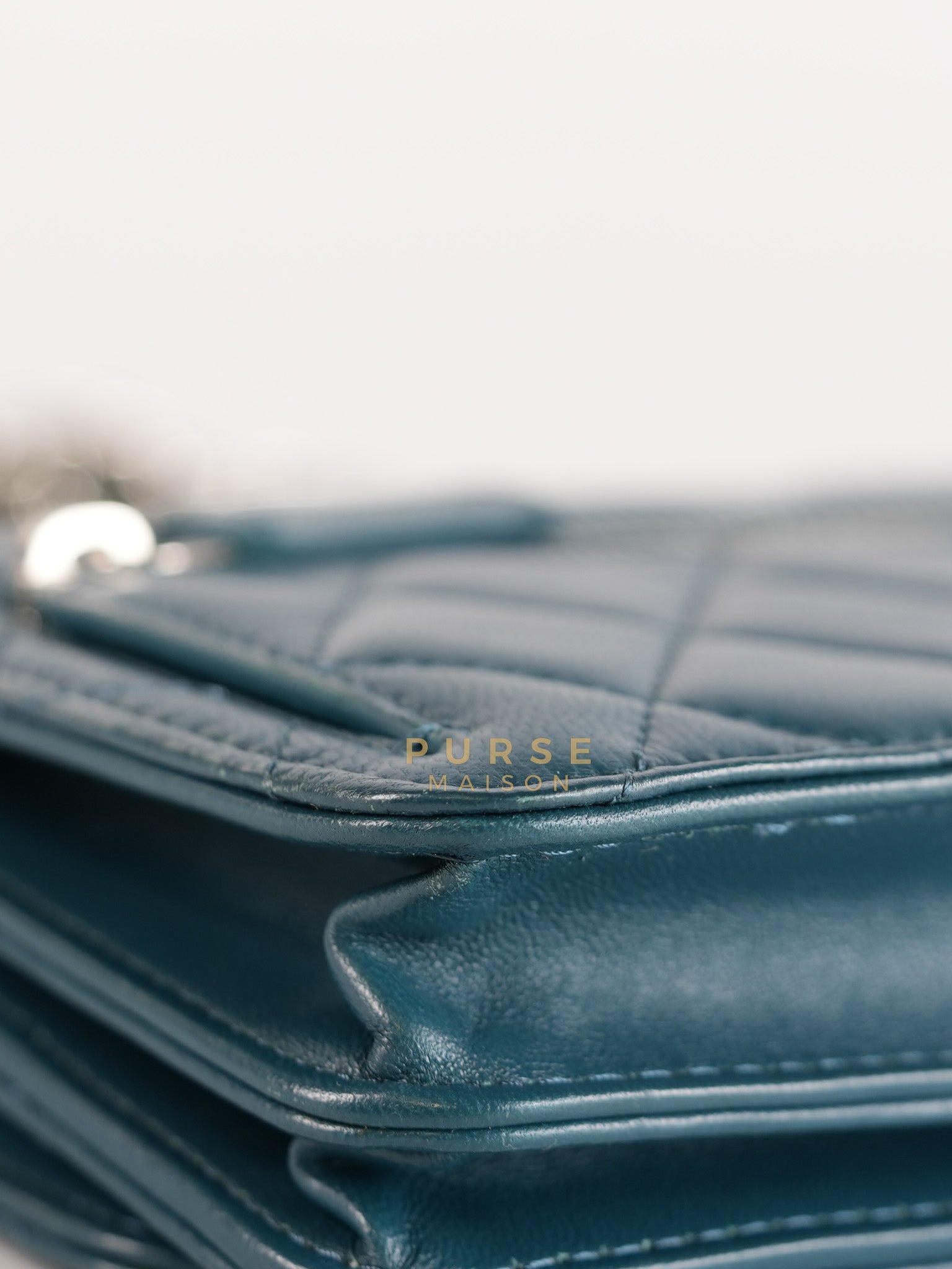 Mini Wallet on Chain in Teal Blue Quilted Lambskin Leather & Silver Hardware Series 30 | Purse Maison Luxury Bags Shop