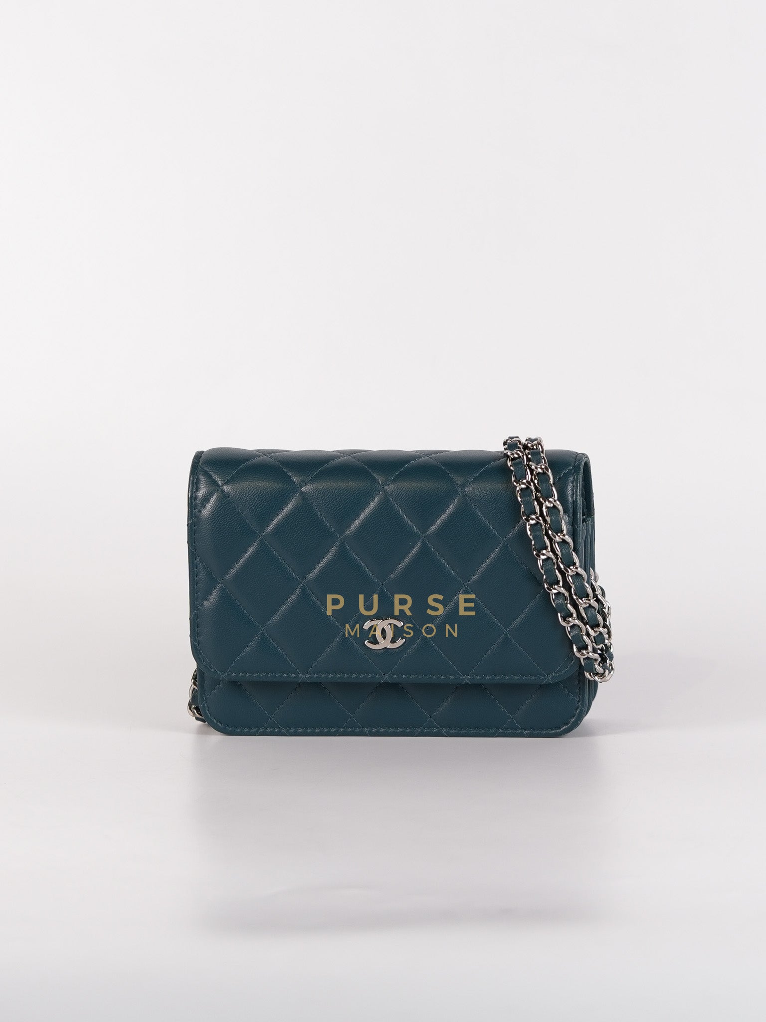 Mini Wallet on Chain in Teal Blue Quilted Lambskin Leather & Silver Hardware Series 30 | Purse Maison Luxury Bags Shop