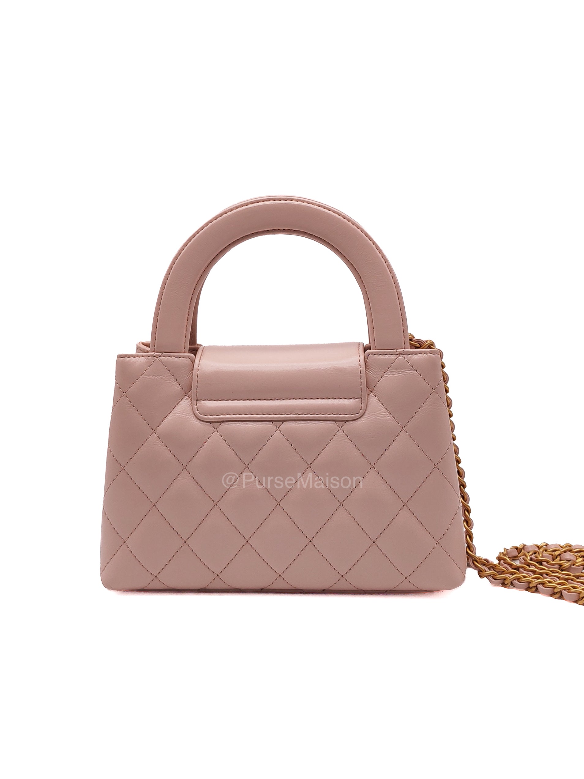 Chanel CC Kelly Small in Baby Pink Shiny Aged Calfskin Leather and Aged Gold Hardware Microchip