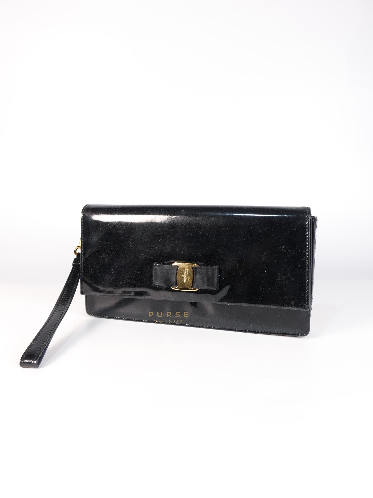 Miss Vara Bow Wristlet Clutch in Plum Patent Leather | Purse Maison Luxury Bags Shop