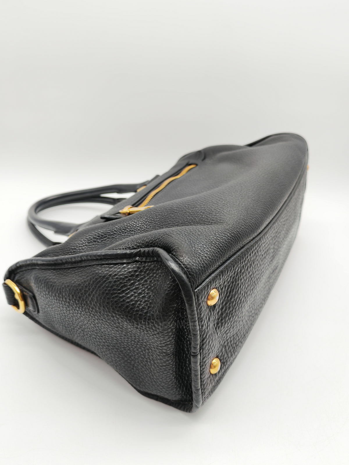 Prada Vitello Daino Shopping Satchel Bag in Black Grained Calfskin Leather and Gold Hardware