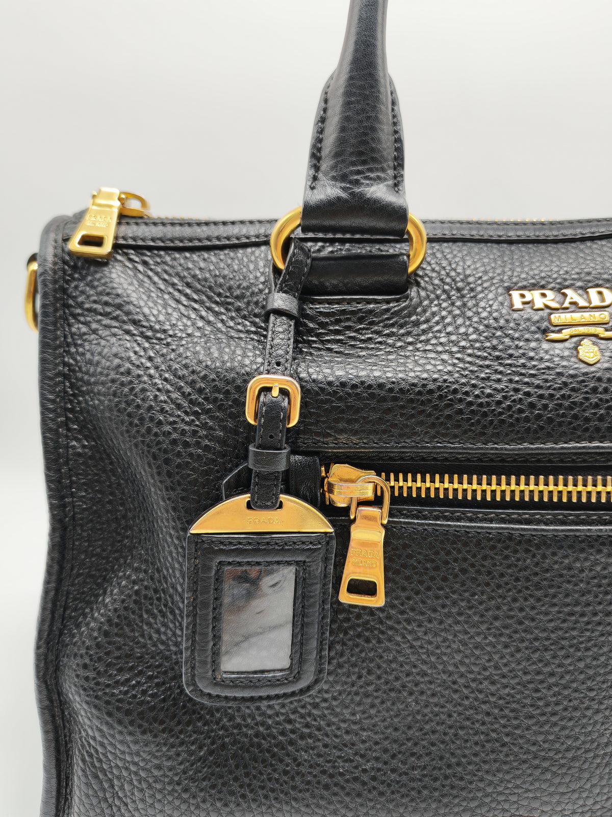 Prada Vitello Daino Shopping Satchel Bag in Black Grained Calfskin Leather and Gold Hardware