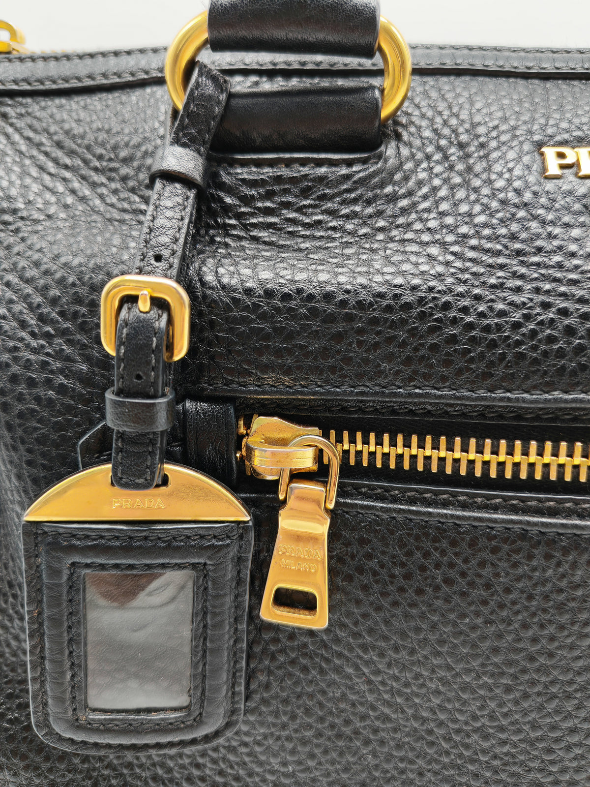 Prada Vitello Daino Shopping Satchel Bag in Black Grained Calfskin Leather and Gold Hardware