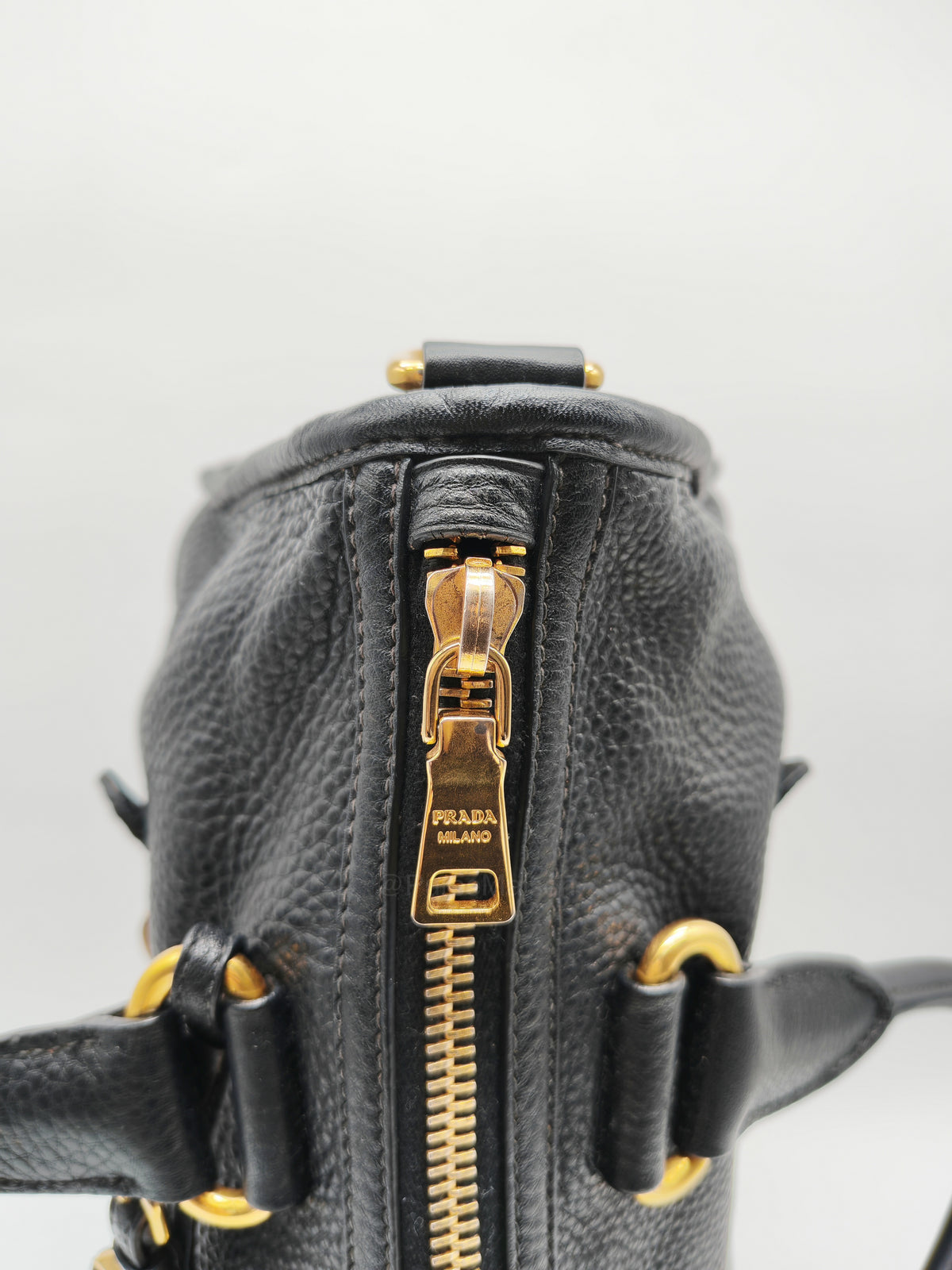Prada Vitello Daino Shopping Satchel Bag in Black Grained Calfskin Leather and Gold Hardware