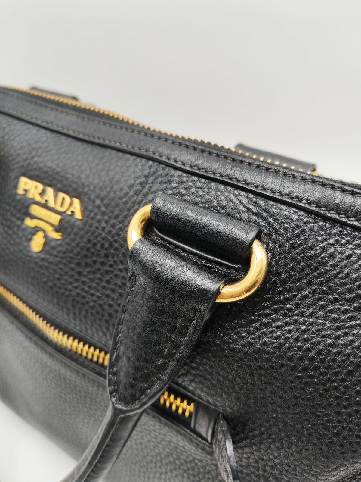 Prada Vitello Daino Shopping Satchel Bag in Black Grained Calfskin Leather and Gold Hardware