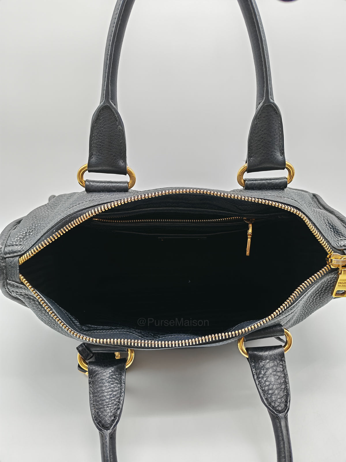 Prada Vitello Daino Shopping Satchel Bag in Black Grained Calfskin Leather and Gold Hardware