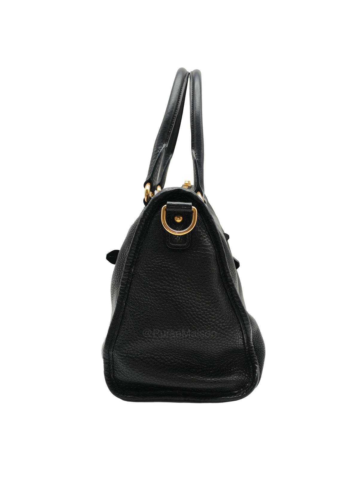 Prada Vitello Daino Shopping Satchel Bag in Black Grained Calfskin Leather and Gold Hardware