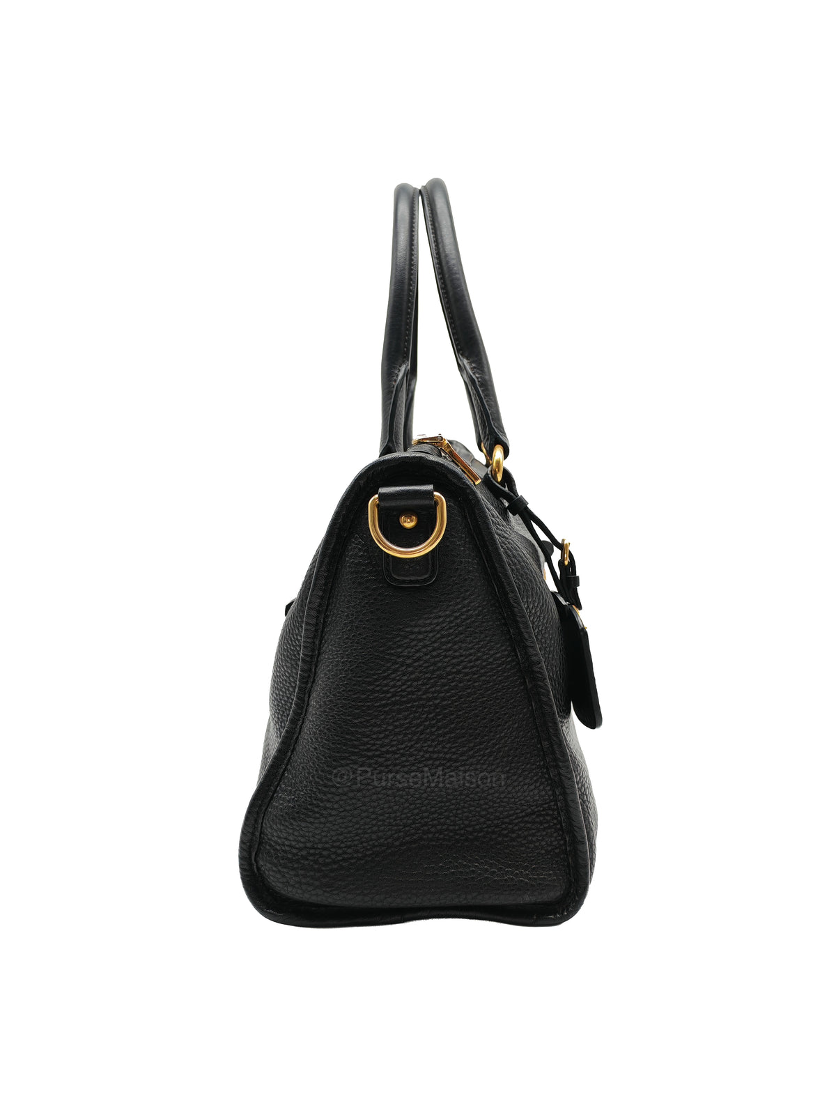 Prada Vitello Daino Shopping Satchel Bag in Black Grained Calfskin Leather and Gold Hardware