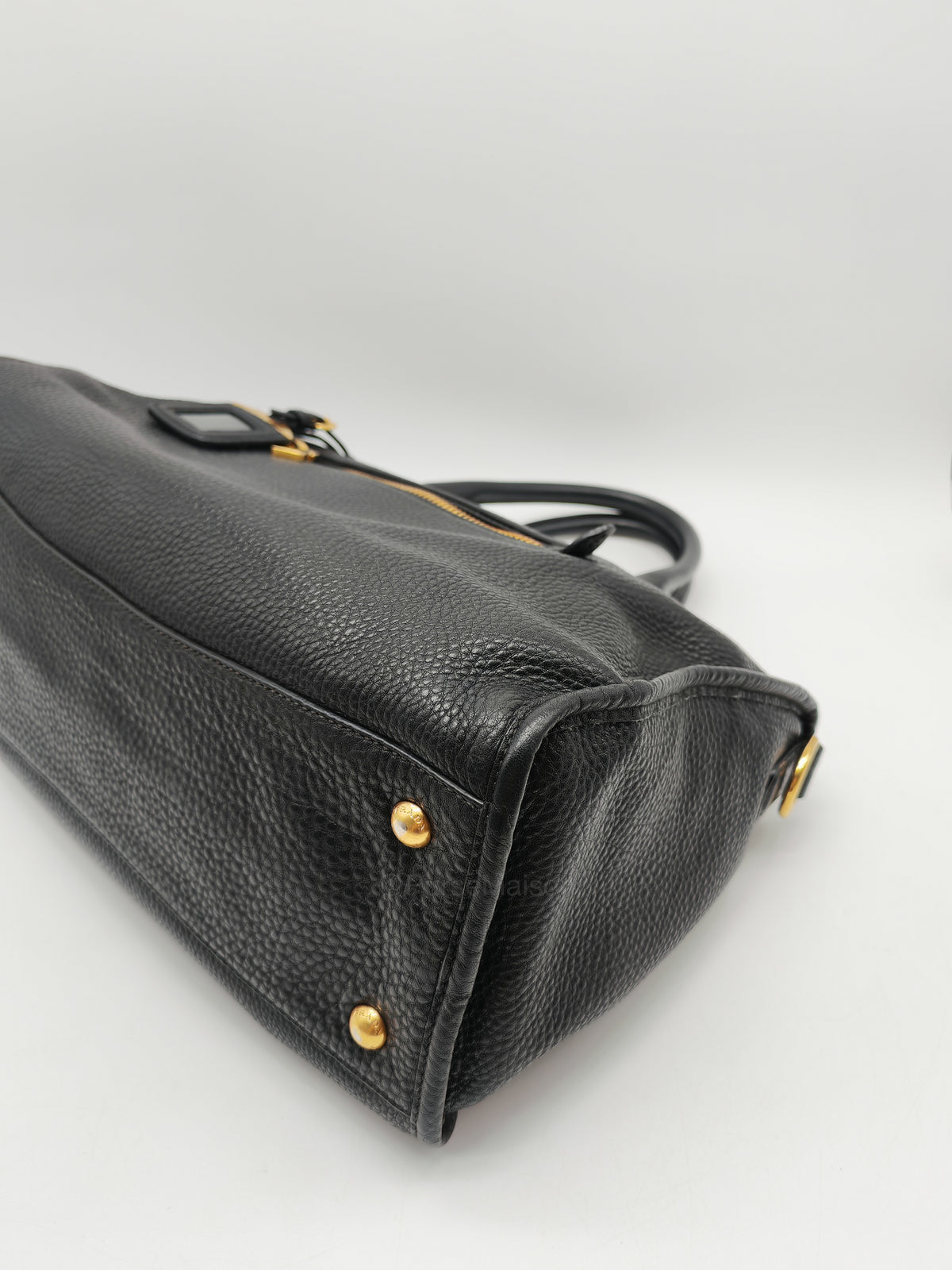 Prada Vitello Daino Shopping Satchel Bag in Black Grained Calfskin Leather and Gold Hardware