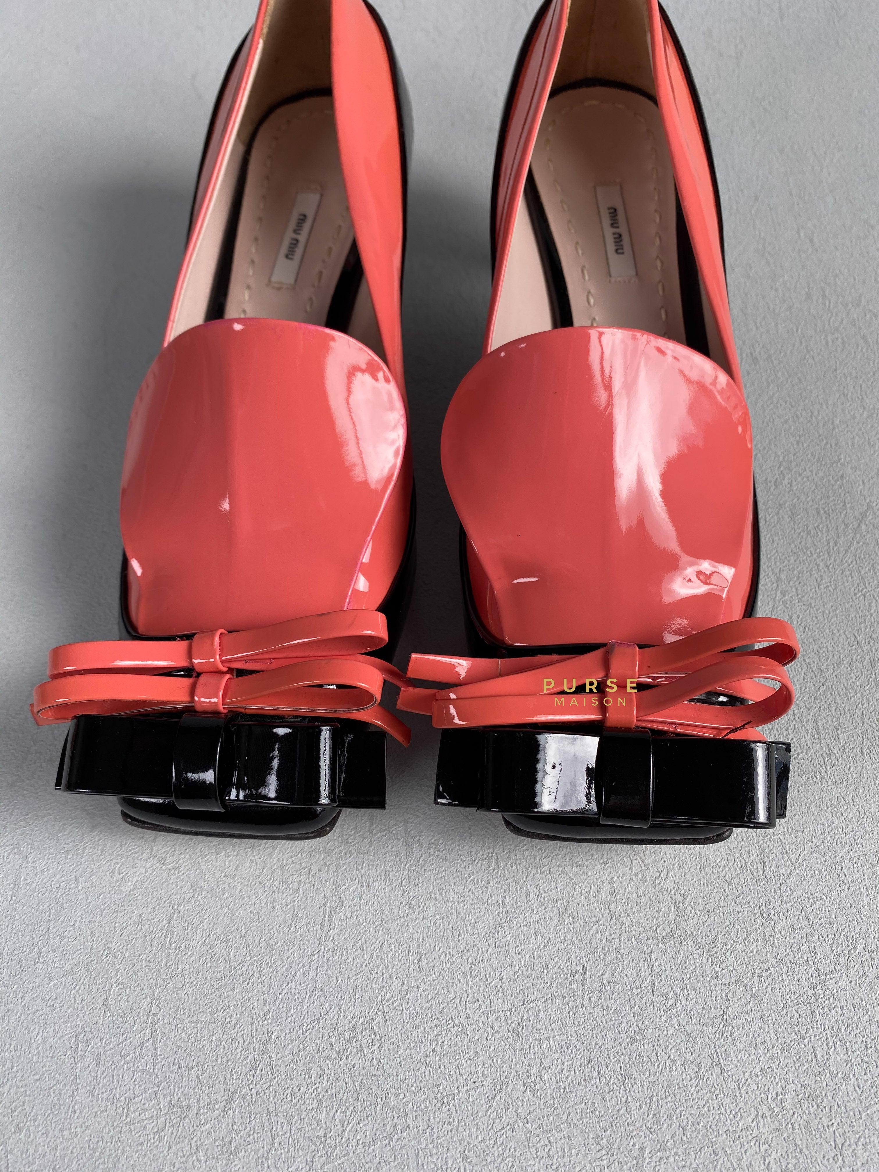 Miu Miu Double Bow Black/Pink Patent Leather Heels Size 36 | Purse Maison Luxury Bags Shop