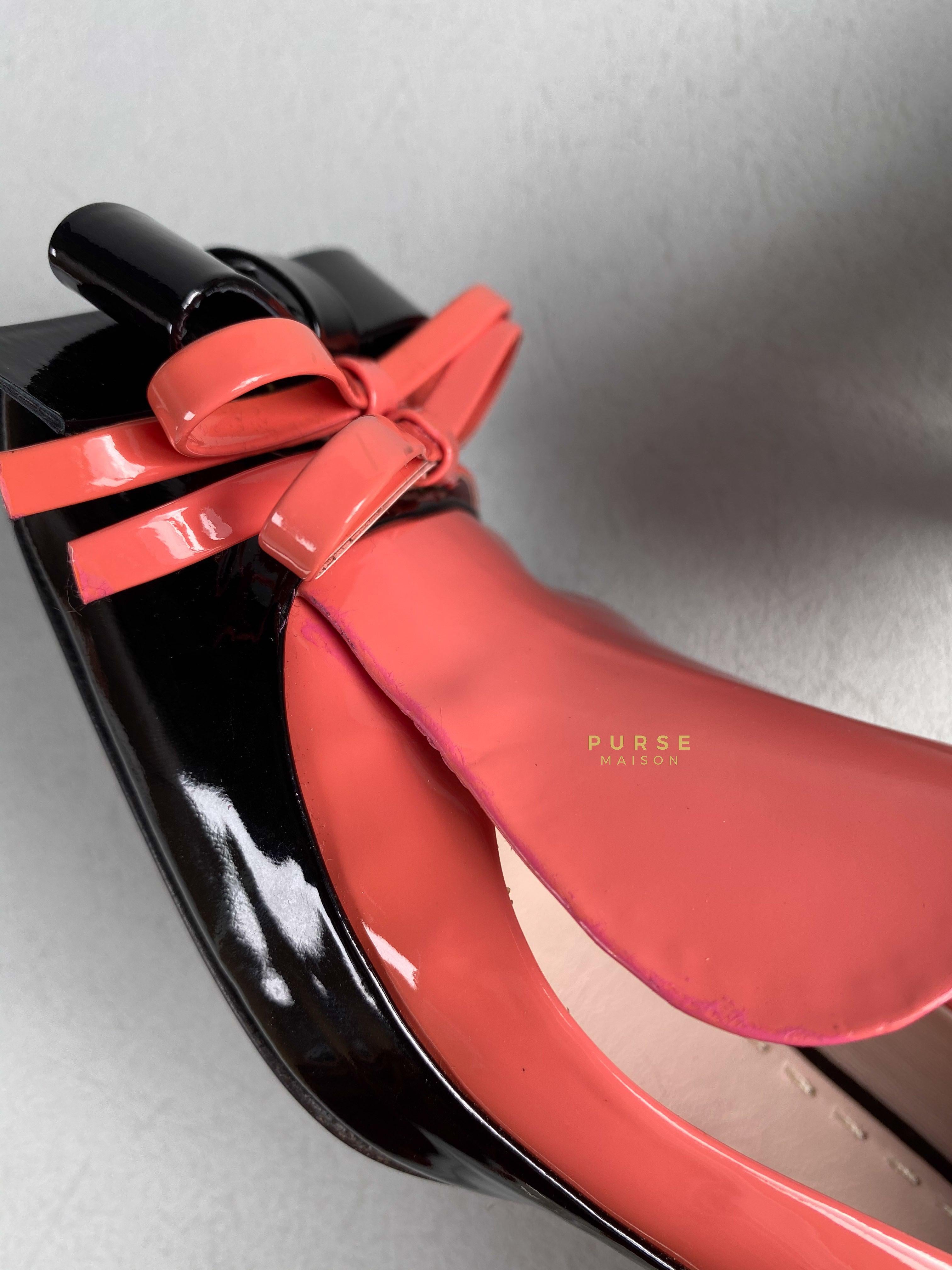 Miu Miu Double Bow Black/Pink Patent Leather Heels Size 36 | Purse Maison Luxury Bags Shop