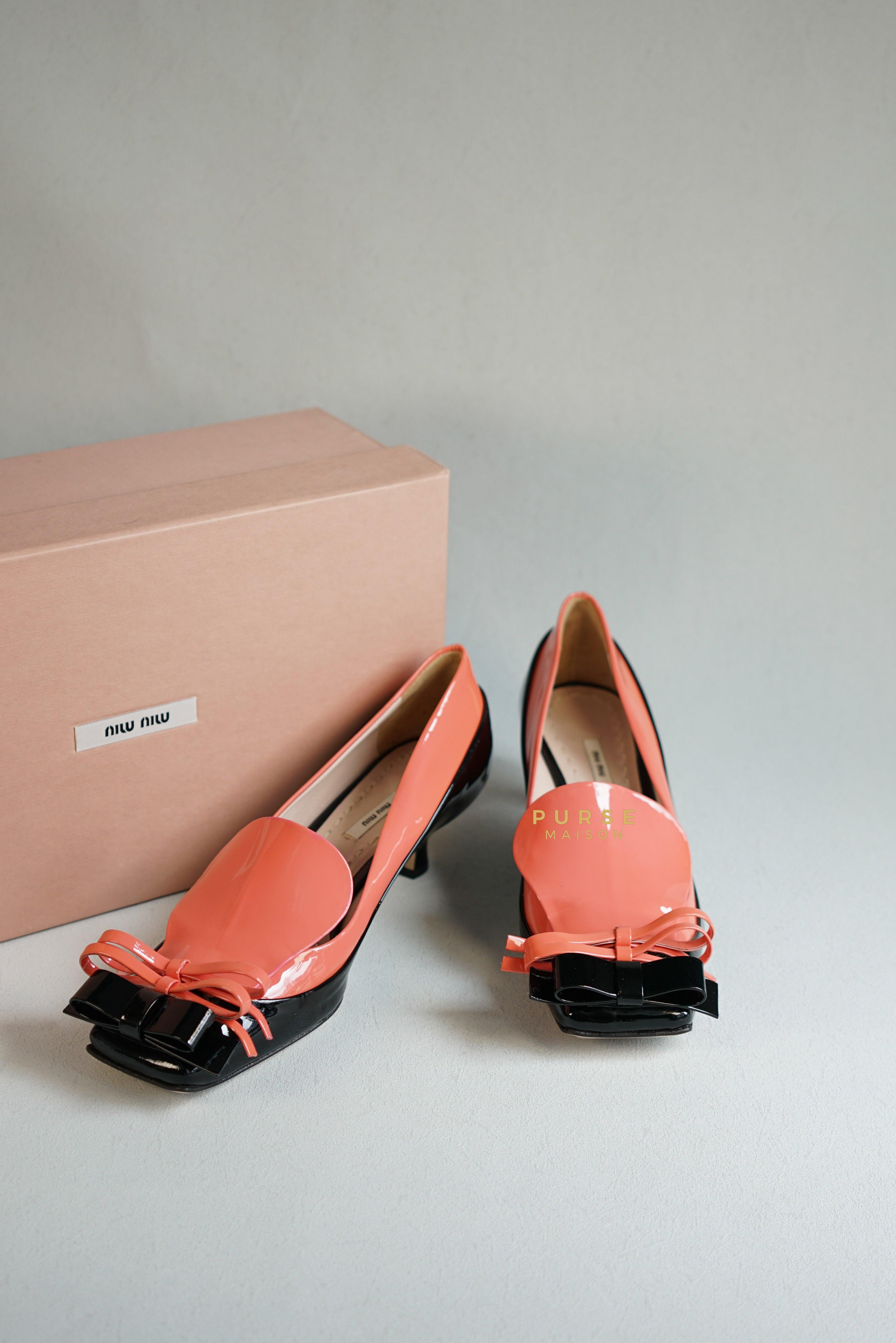 Miu Miu Double Bow Black/Pink Patent Leather Heels Size 36 | Purse Maison Luxury Bags Shop