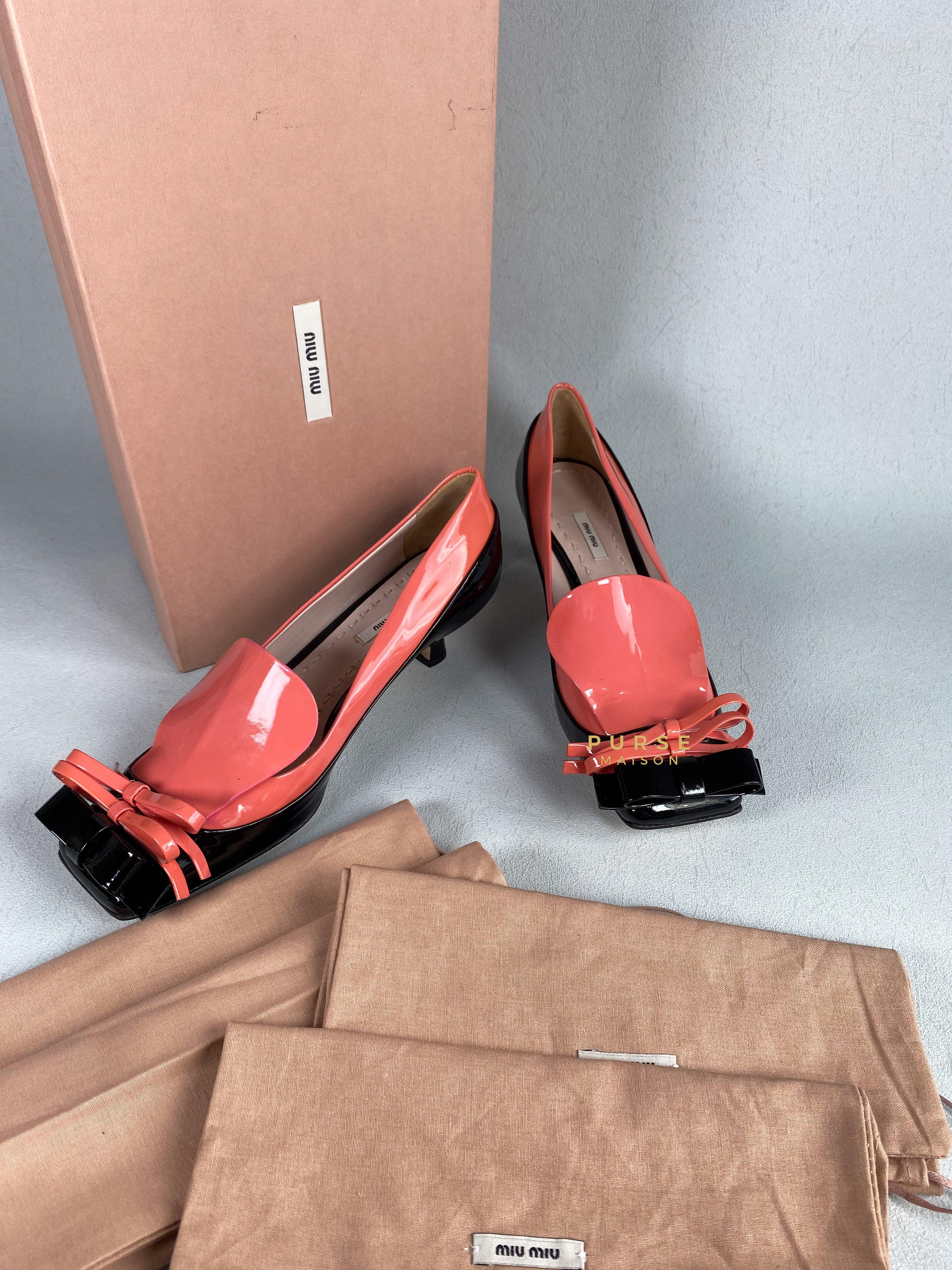 Miu Miu Double Bow Black/Pink Patent Leather Heels Size 36 | Purse Maison Luxury Bags Shop