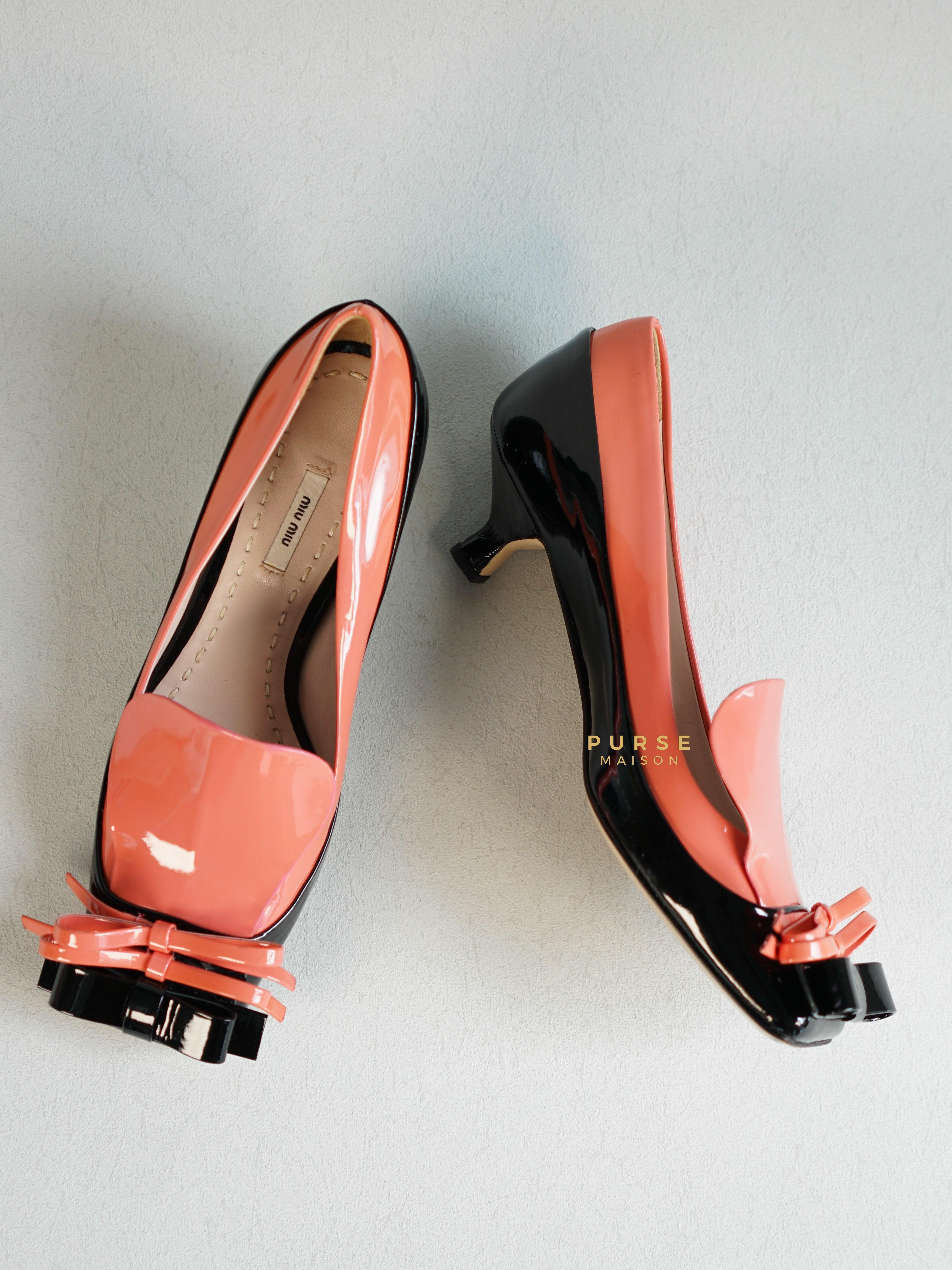 Miu Miu Double Bow Black/Pink Patent Leather Heels Size 36 | Purse Maison Luxury Bags Shop