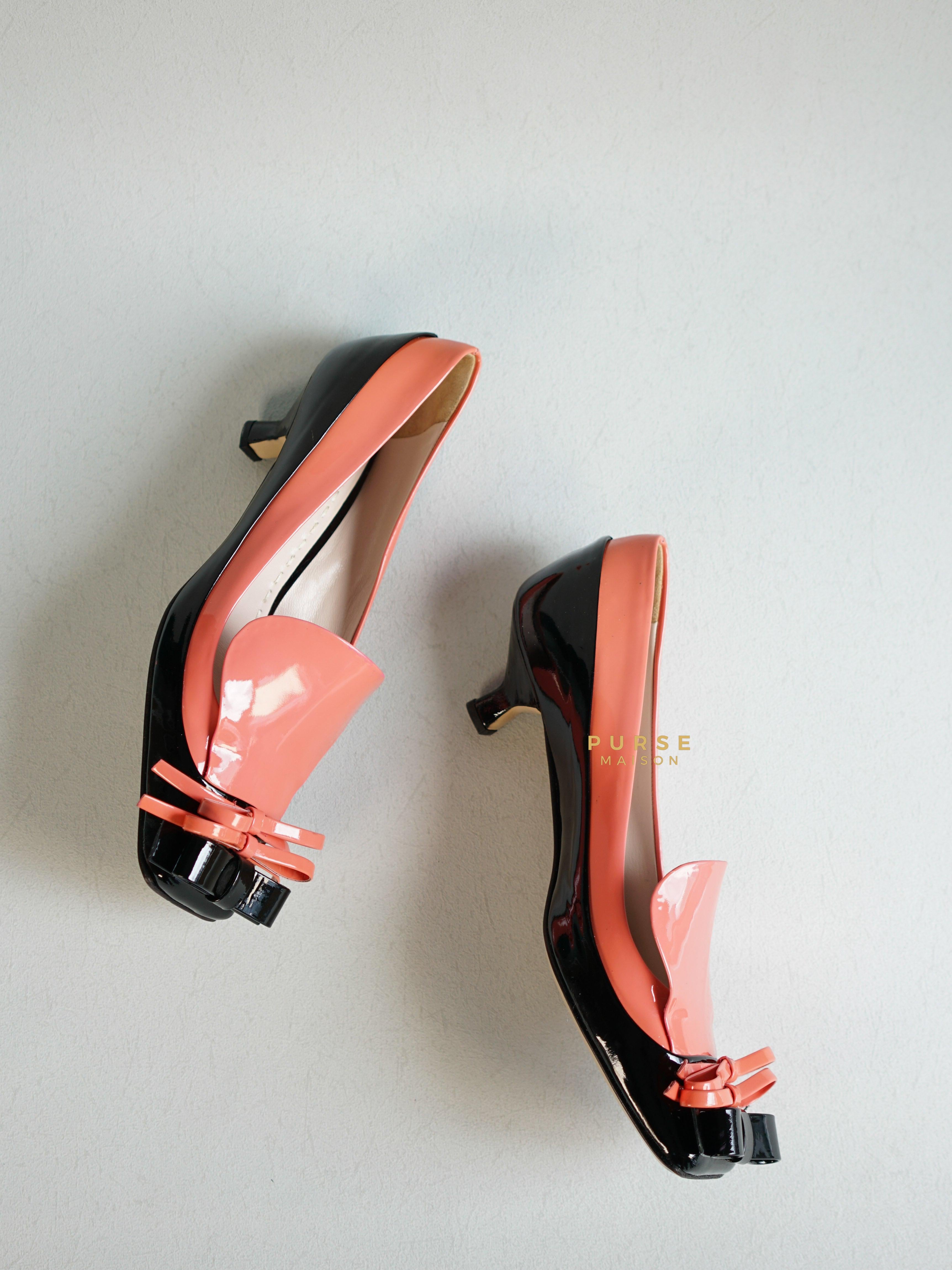 Miu Miu Double Bow Black/Pink Patent Leather Heels Size 36 | Purse Maison Luxury Bags Shop