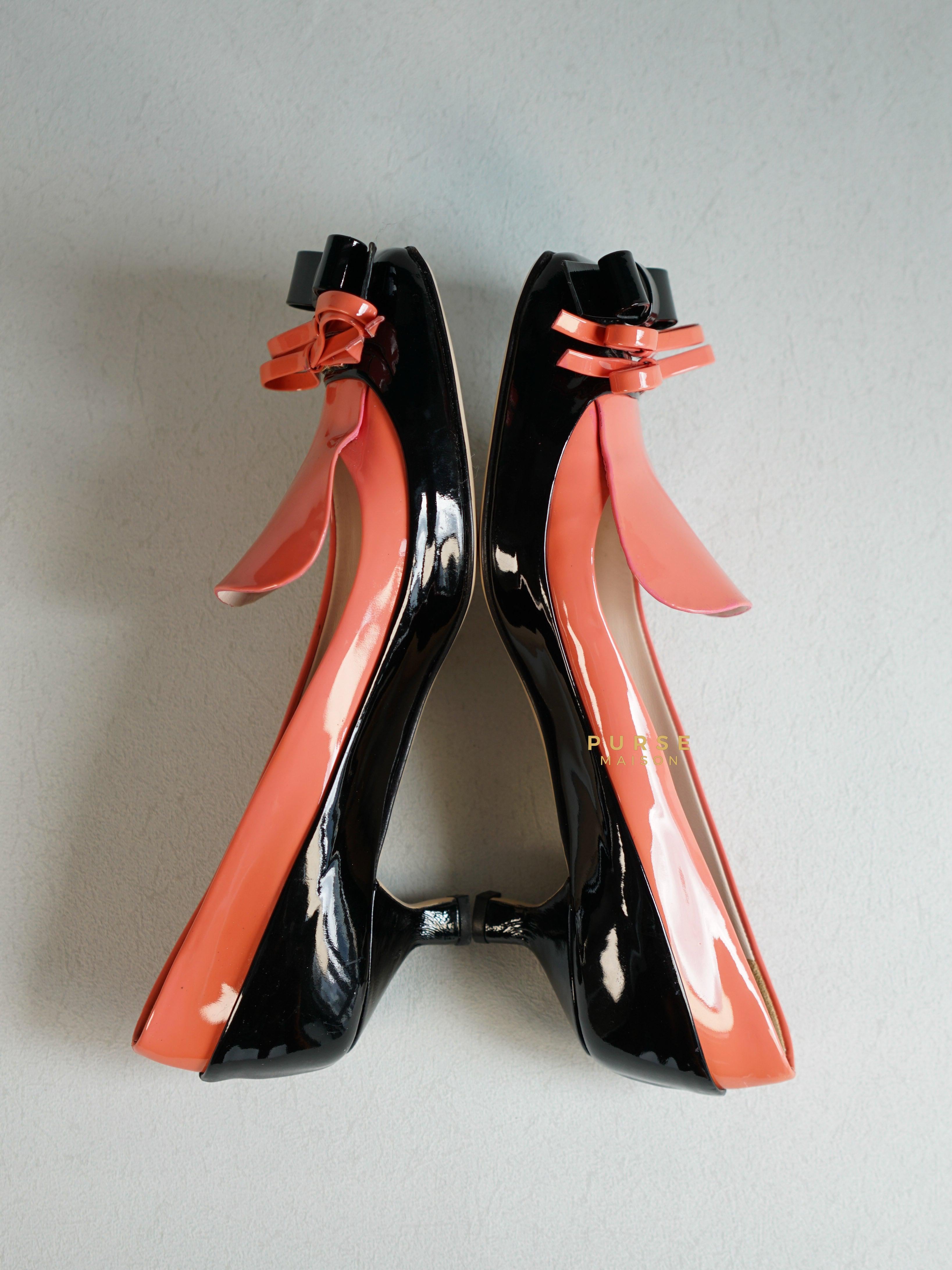 Miu Miu Double Bow Black/Pink Patent Leather Heels Size 36 | Purse Maison Luxury Bags Shop