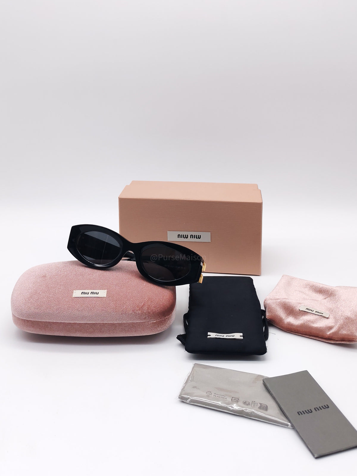Miu Miu SMU 11W Oval Acetate Sunglasses in Black and Gold Logo | Purse Maison Luxury Bags Shop